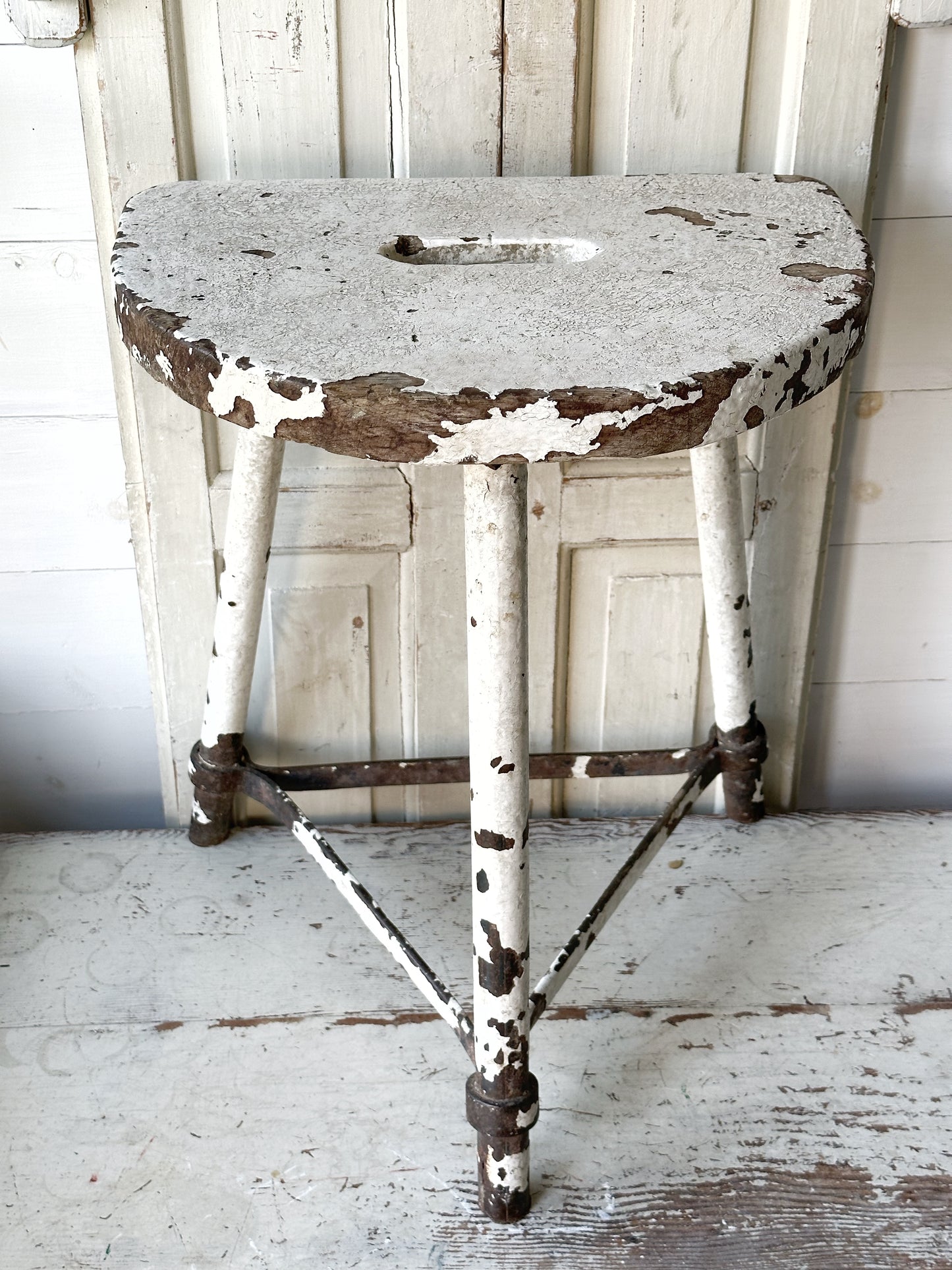 A chippy white French engineer’s stool 1930’s