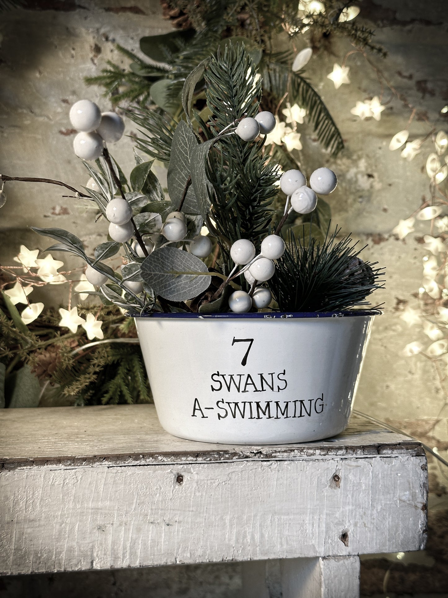 A beautiful vintage enamel pudding bowl with a hand painted quote from the Twelve days of Christmas