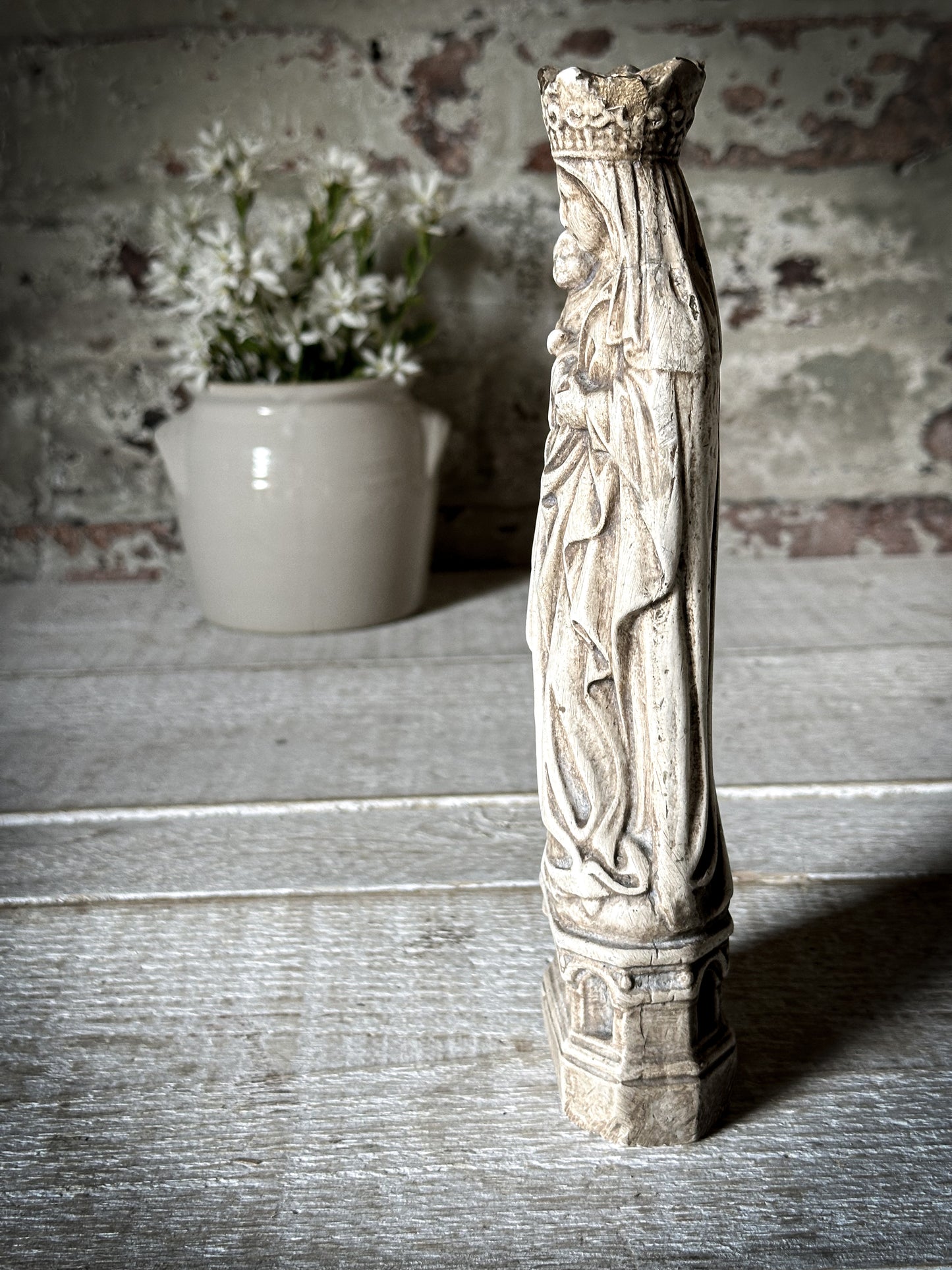 An Antique French Chalk Ware Religious Statue of the Madonna and Child