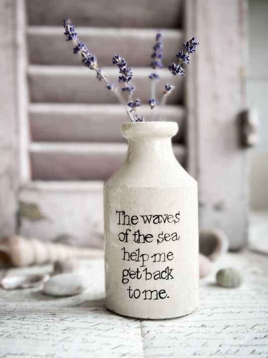 A Victorian unearthed stoneware pottery bottle with a hand painted quote