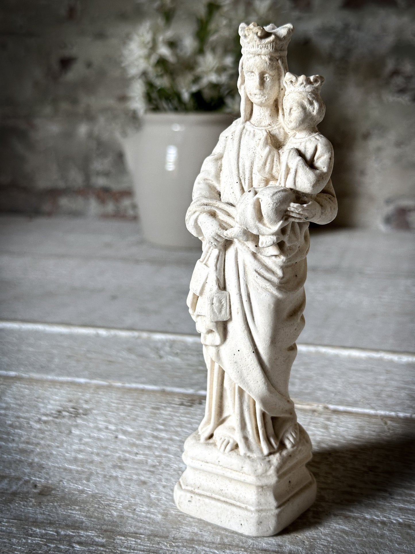 Antique French Chalk Ware Madonna Religious Statue