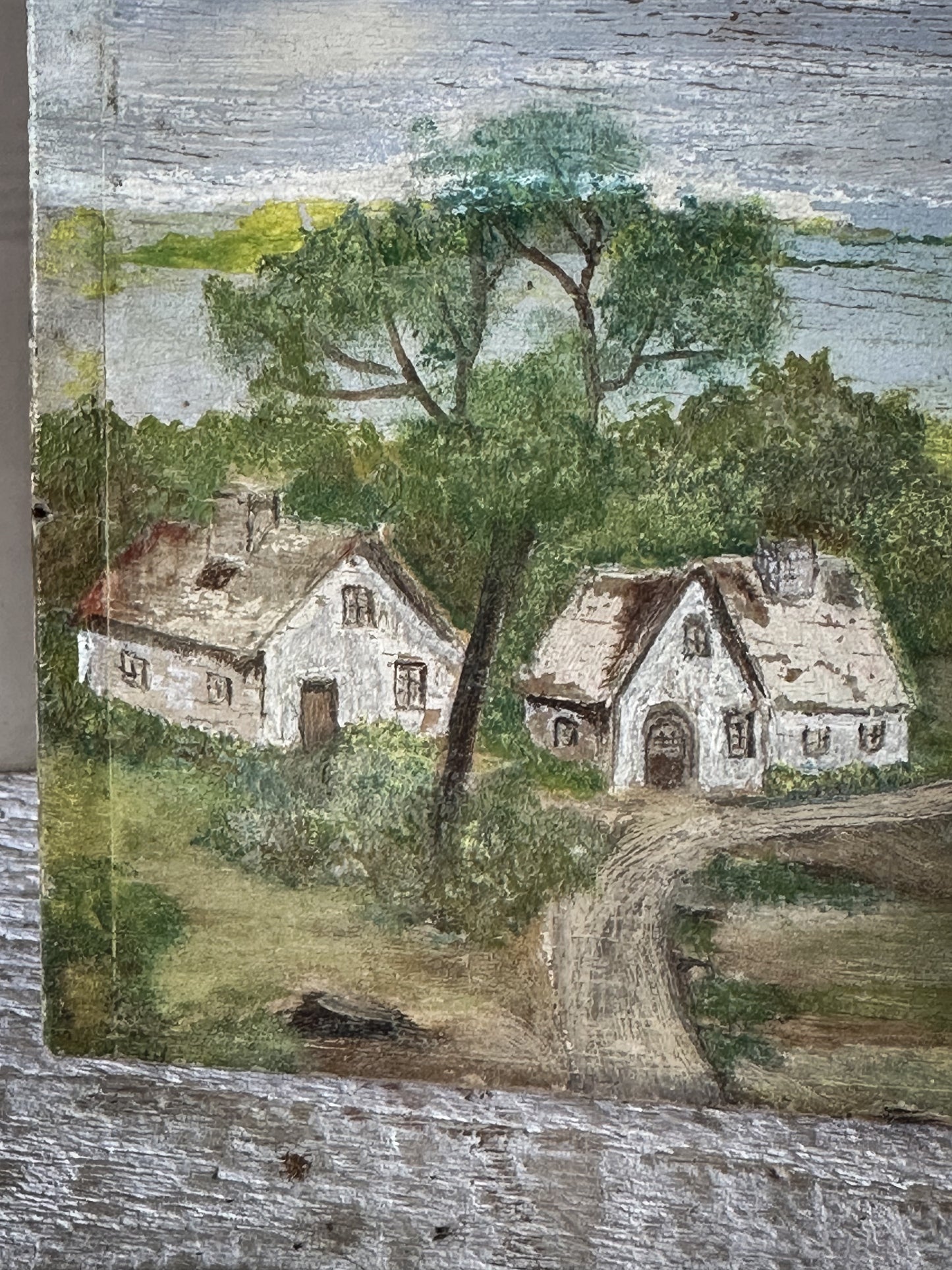 Antique French Naive Oil Painting on Wooden Panel