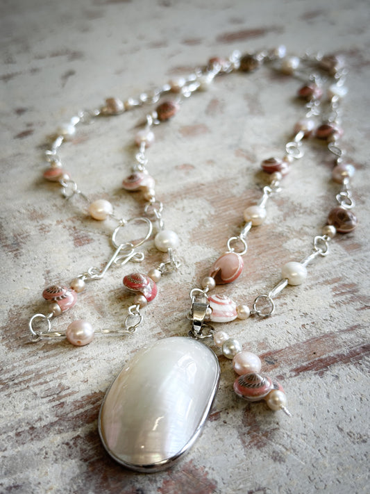 Beautiful Found Object Beaded Shell and Pearl Necklace with a Shell Pendant by Jealous Moon Jewellery