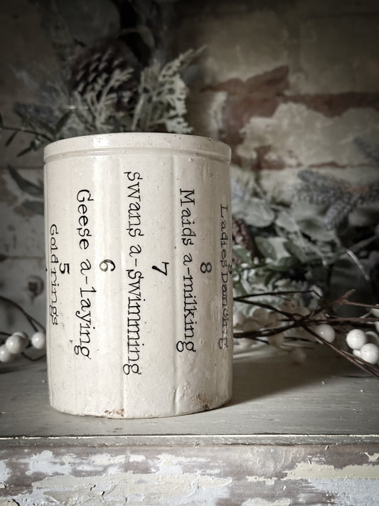 A tall Victorian unearthed stoneware pottery preserve jar with a hand painted quote