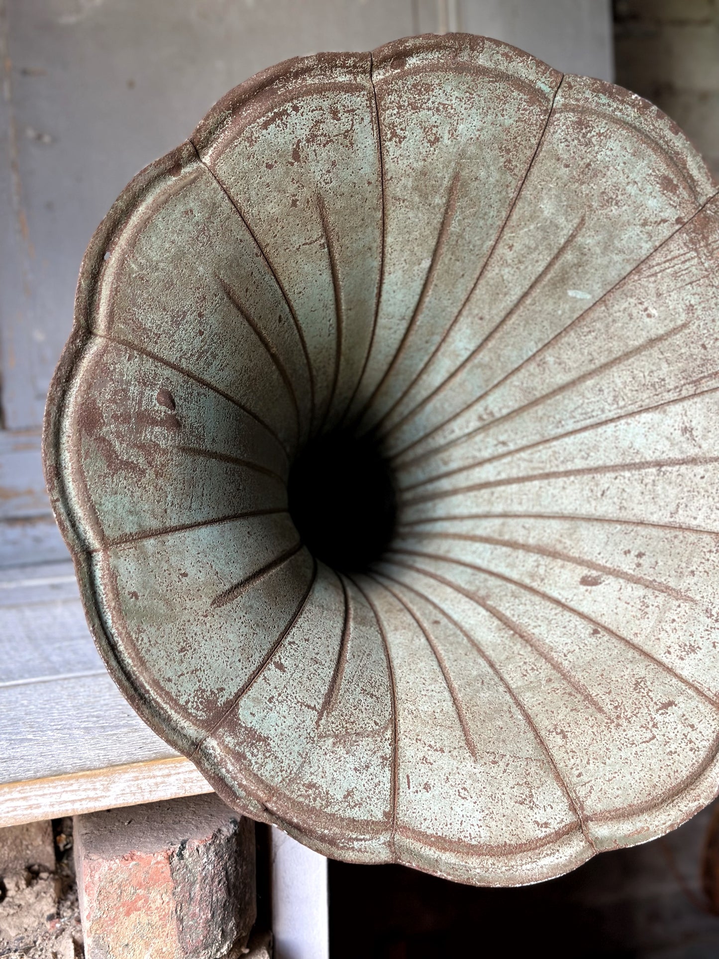 A wonderful antique French tin gramophone funnel and elbow