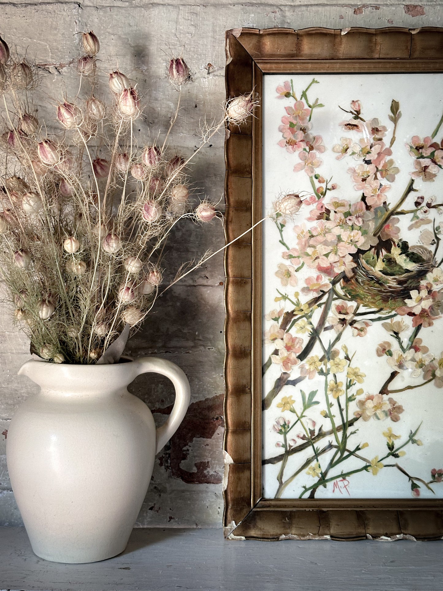 A Stunning Victorian Milk Glass Painting of A Bird’s Nest and Spring Blossoms
