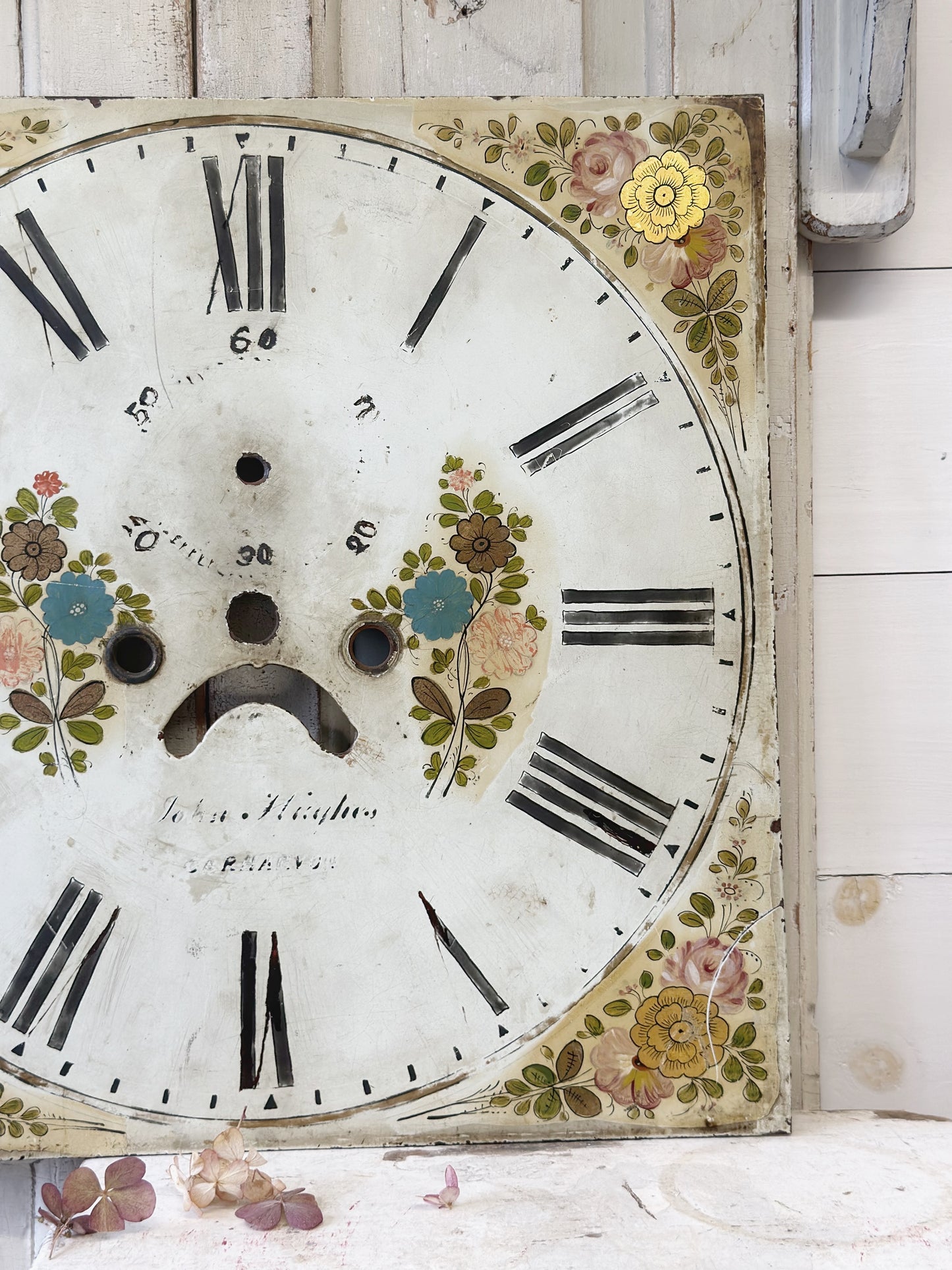 A stunning antique painted reclaimed long case clock face