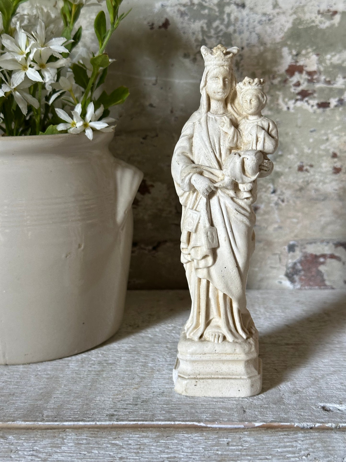 Antique French Chalk Ware Madonna Religious Statue