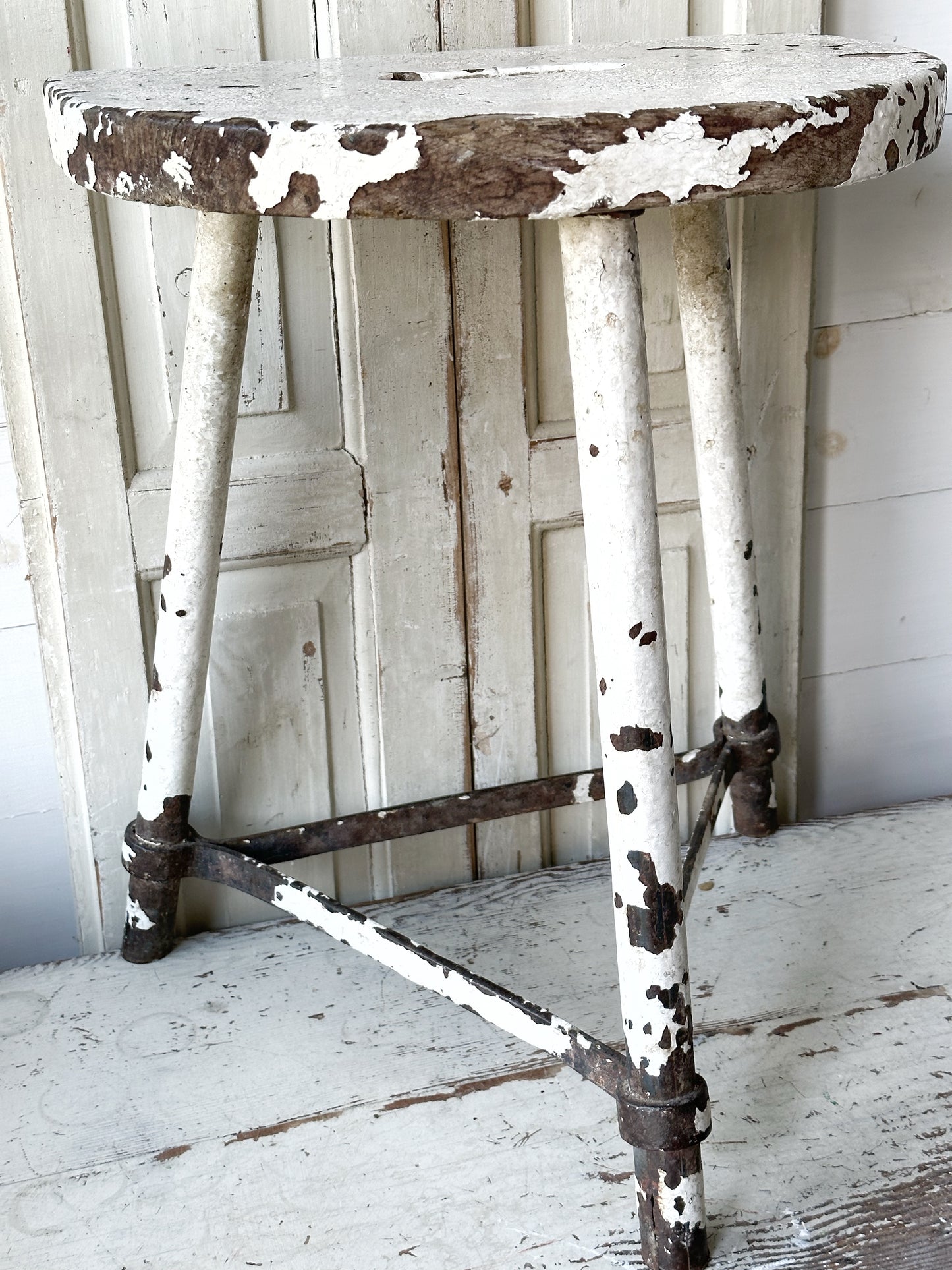 A chippy white French engineer’s stool 1930’s