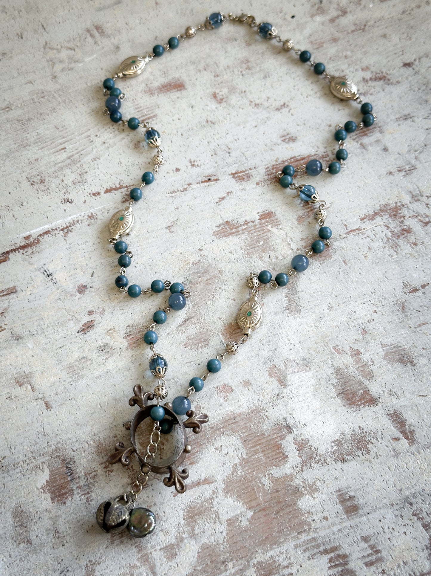 Found Object Vintage Beaded Necklace with Antique Brass Crown by Jealous Moon Jewellery