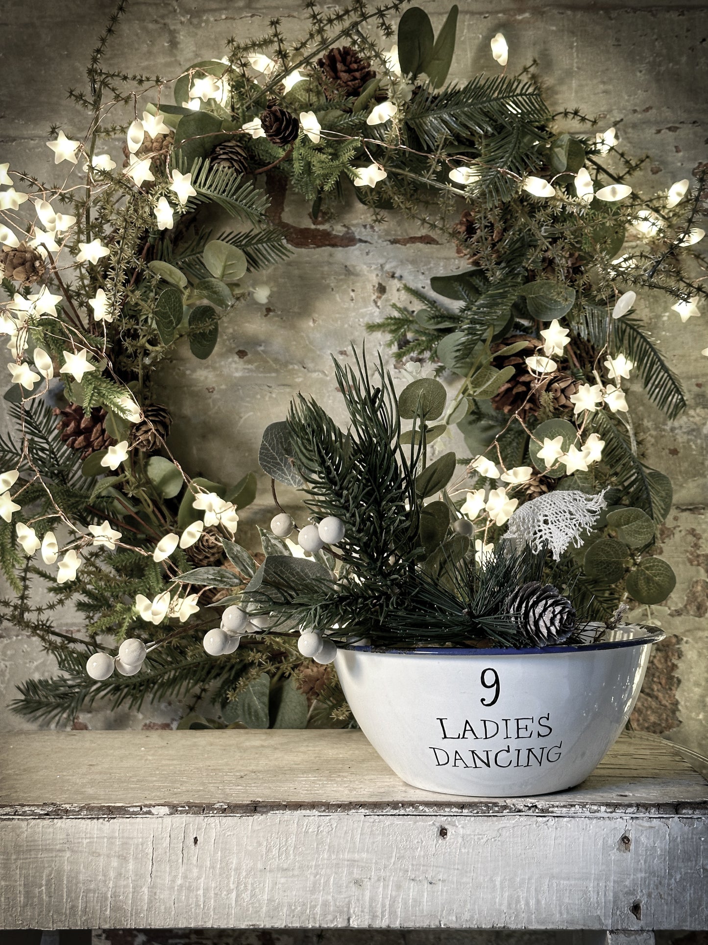 A beautiful vintage enamel pudding bowl with a hand painted quote from the Twelve days of Christmas