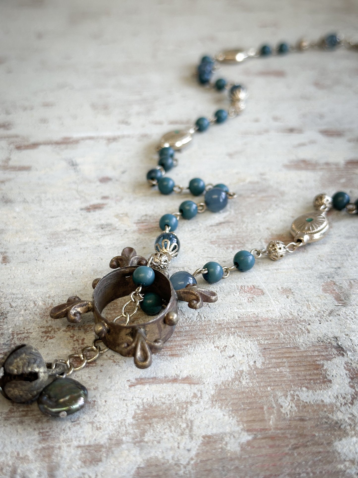Found Object Vintage Beaded Necklace with Antique Brass Crown by Jealous Moon Jewellery