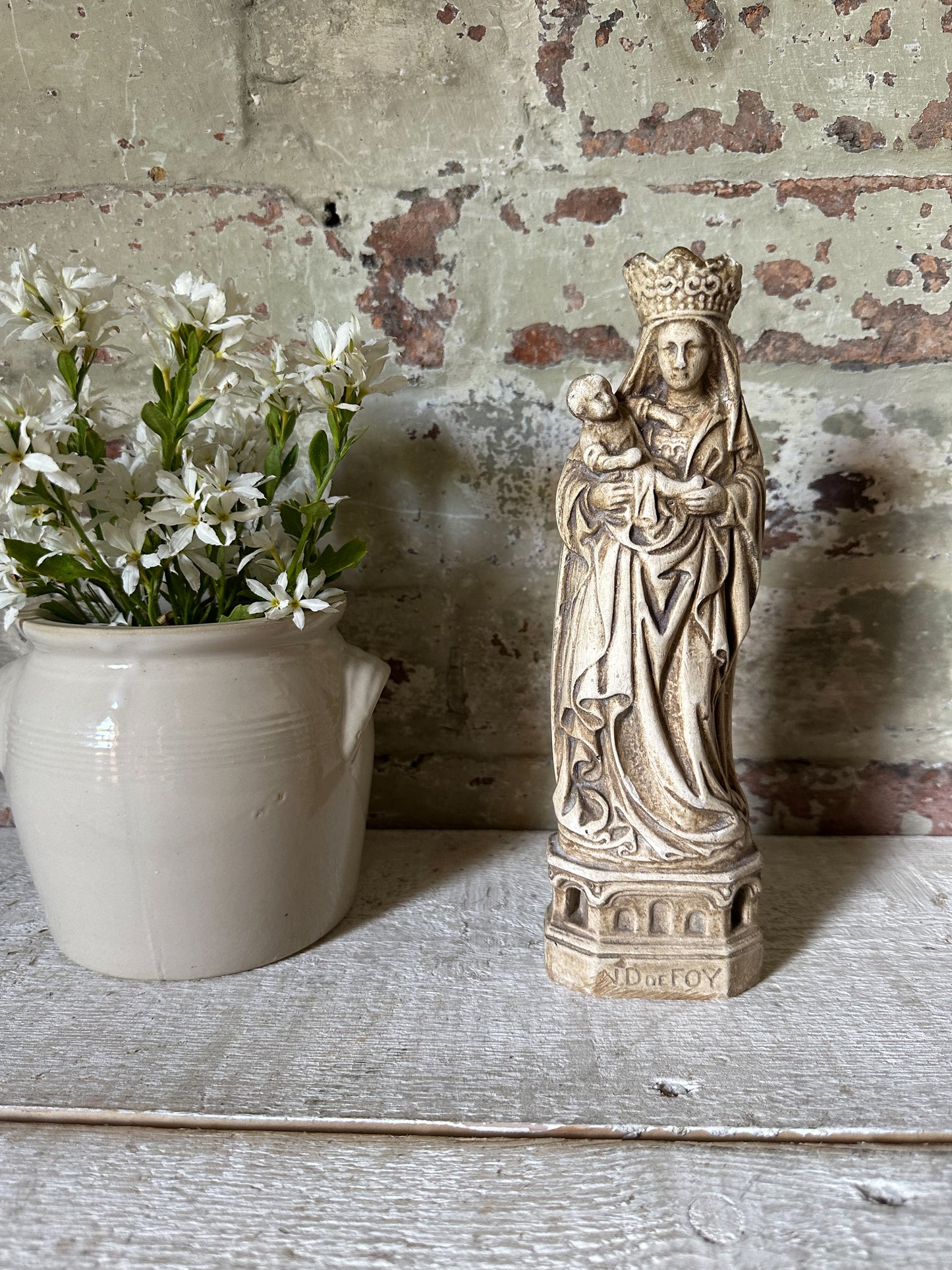 An Antique French Chalk Ware Religious Statue of the Madonna and Child