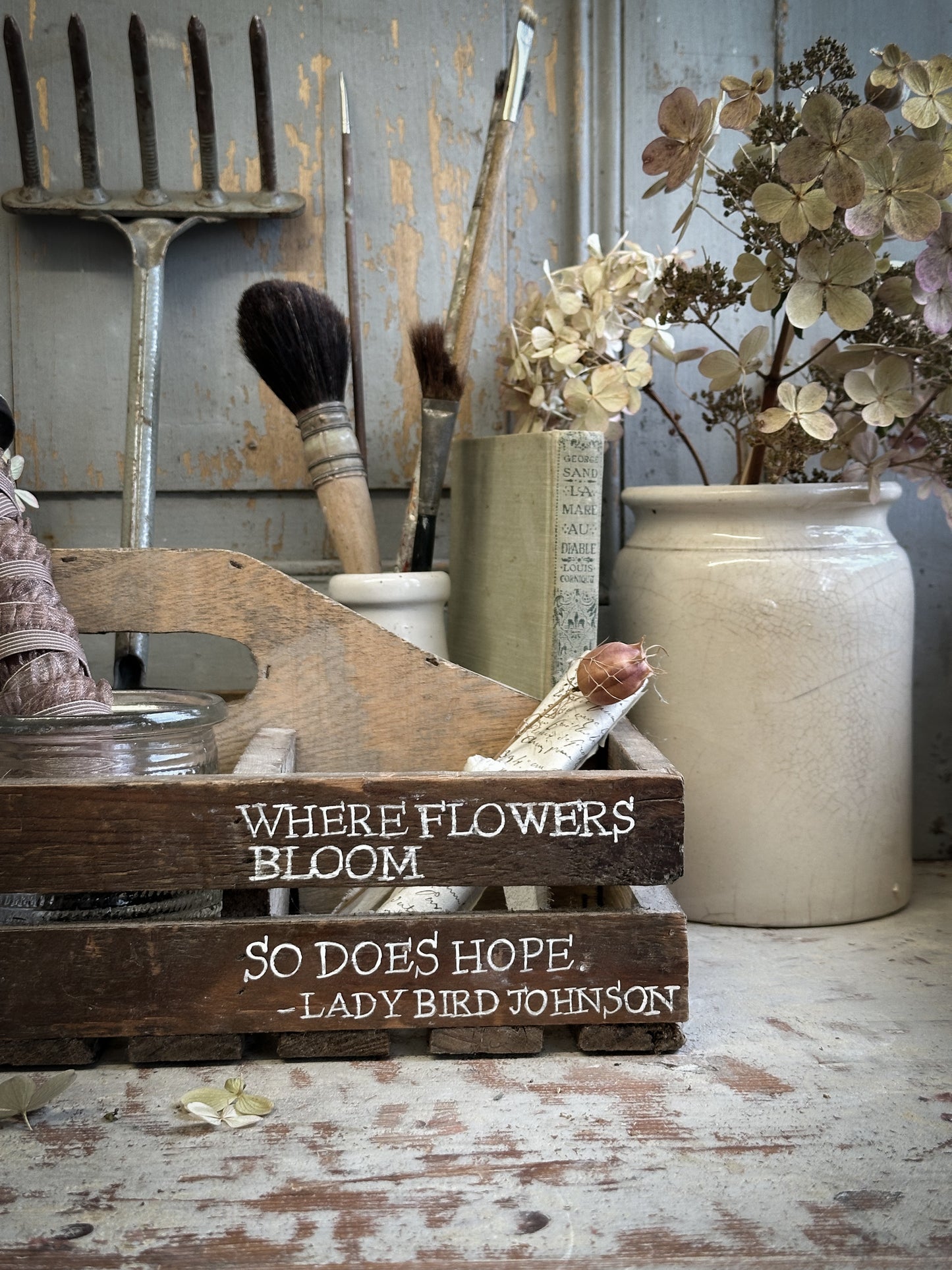 A Vintage Wooden Garden Trug With Hand Painted Quote