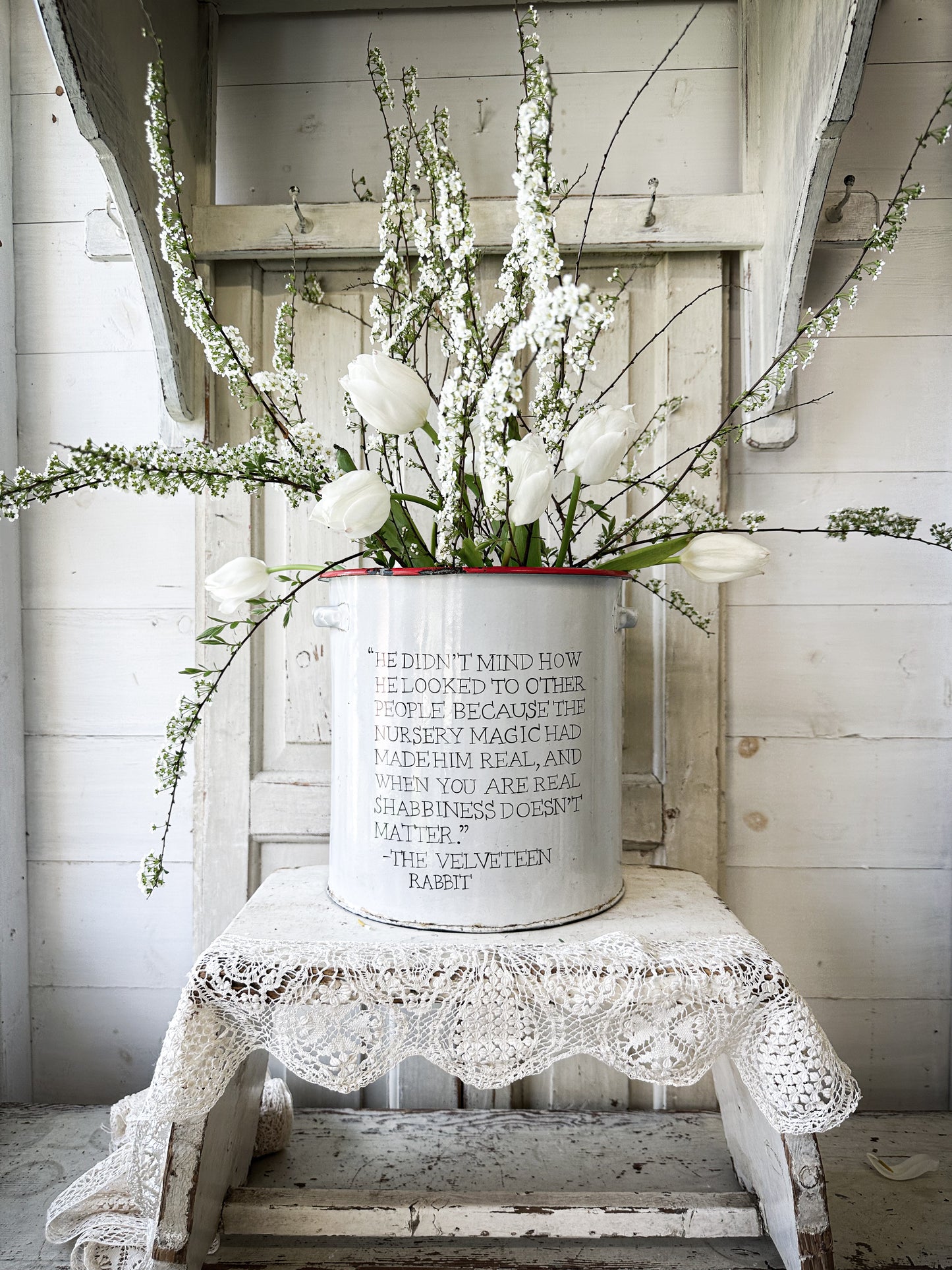 A beautiful vintage enamel canister with Velveteen Rabbit quote