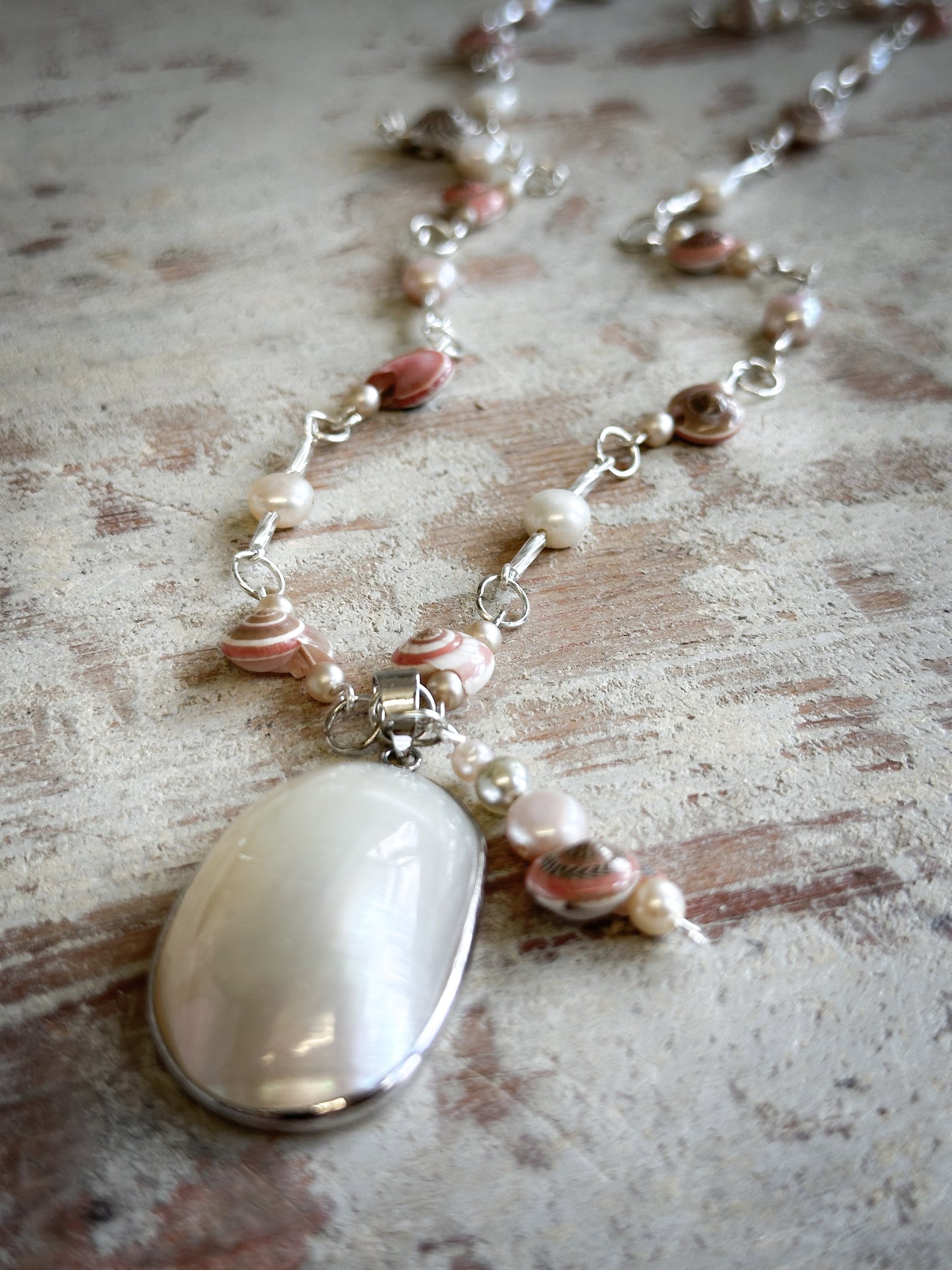 Beautiful Found Object Beaded Shell and Pearl Necklace with a Shell Pendant by Jealous Moon Jewellery