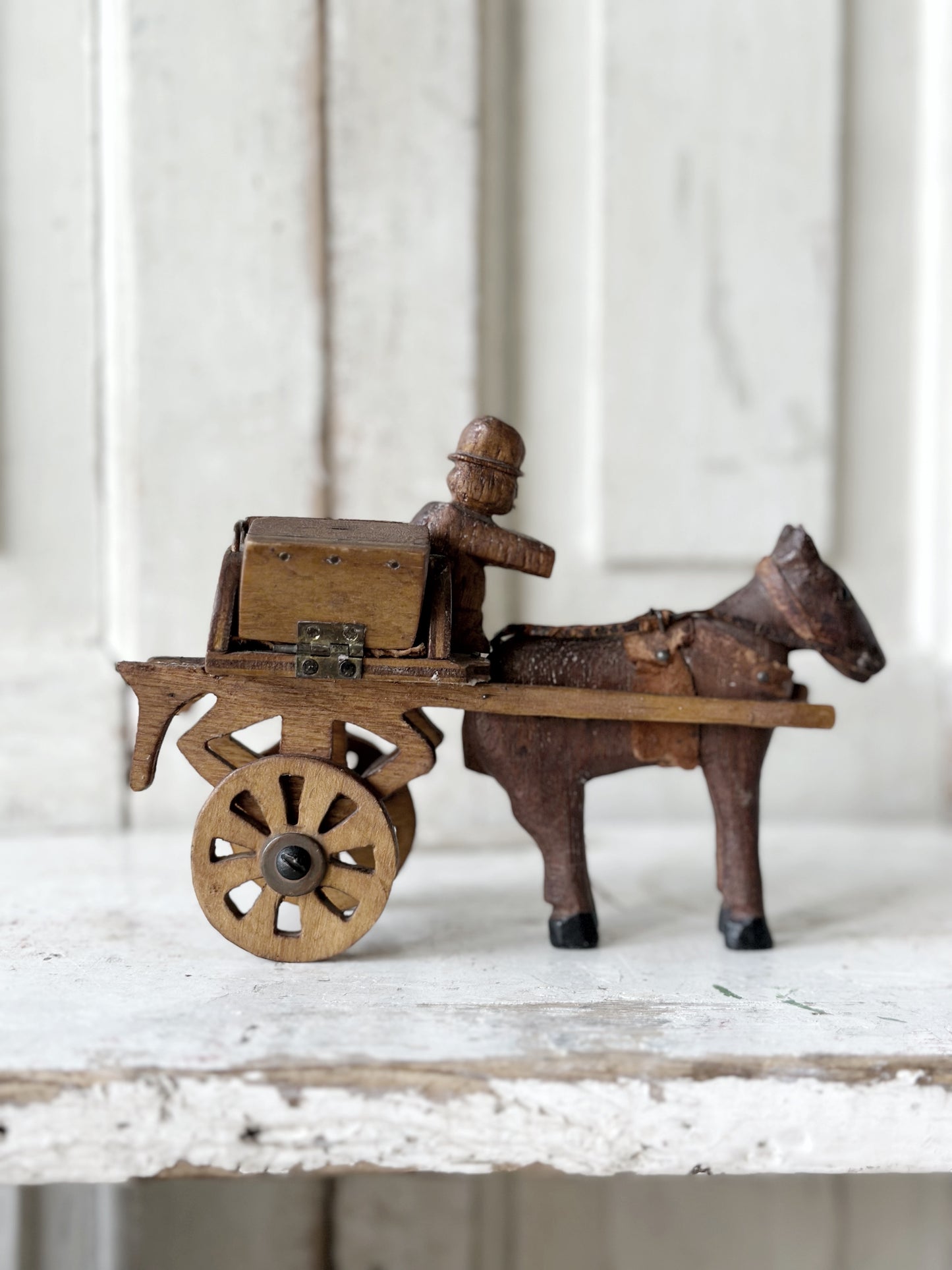 A primitive colonial scratch built wooden horse and cart toy