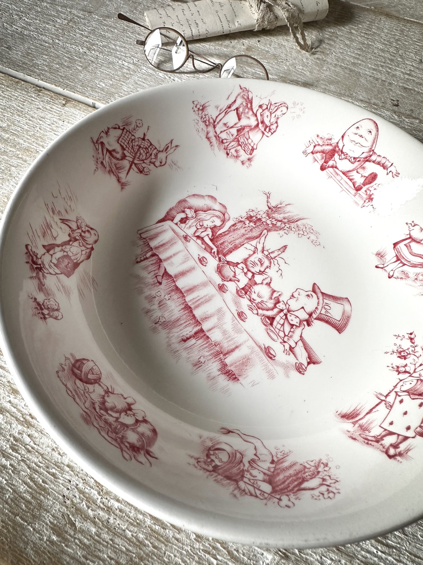A rare Alice in Wonderland Johnson Bros. Red and white transfer dish