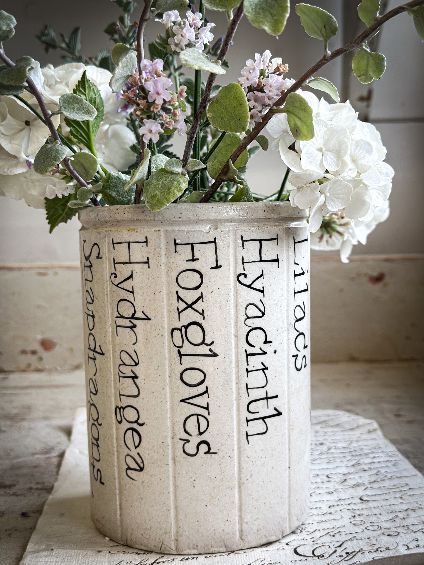 A Victorian Stoneware Preserve jar with hand painted botanical names pot