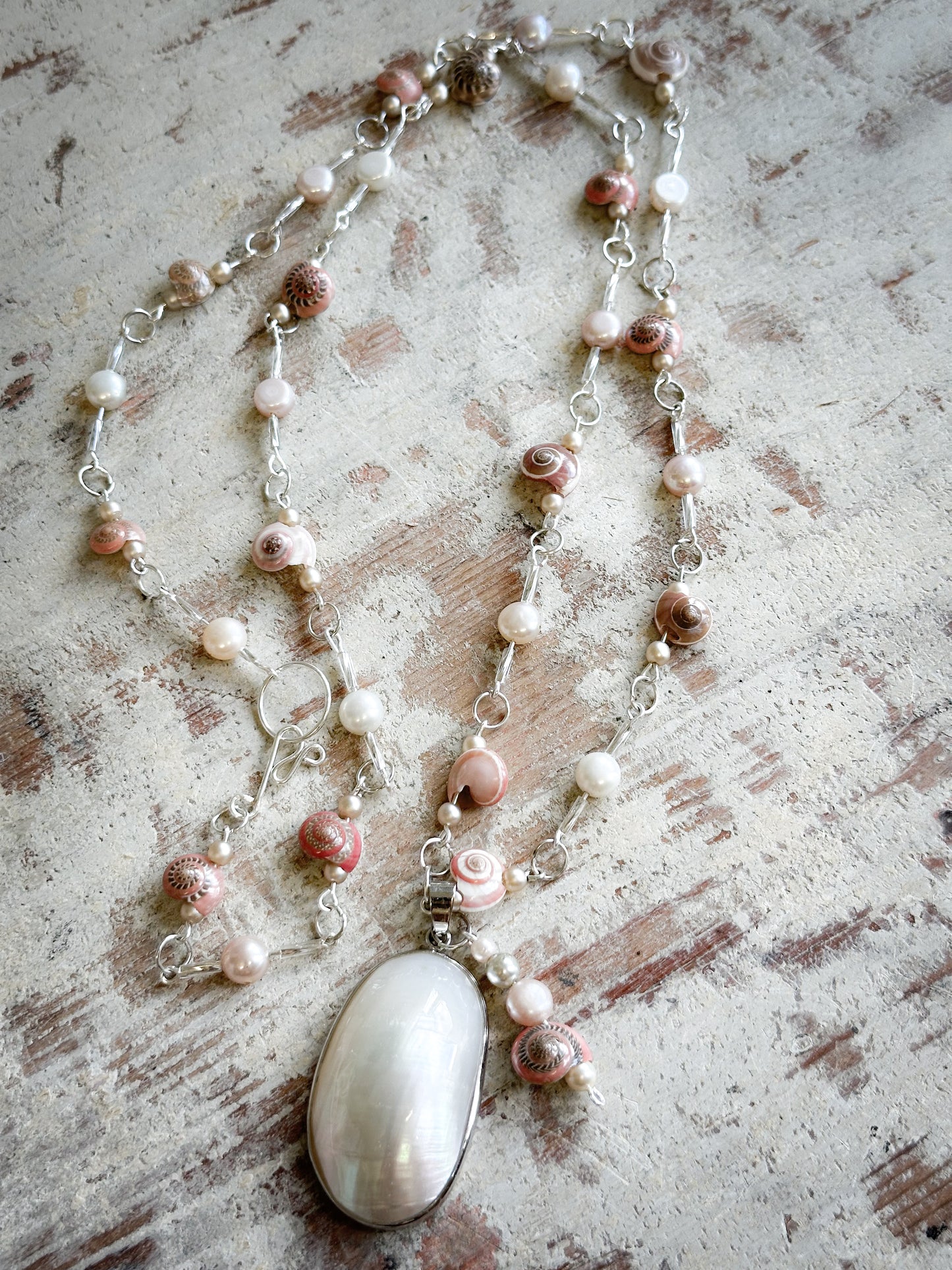 Beautiful Found Object Beaded Shell and Pearl Necklace with a Shell Pendant by Jealous Moon Jewellery