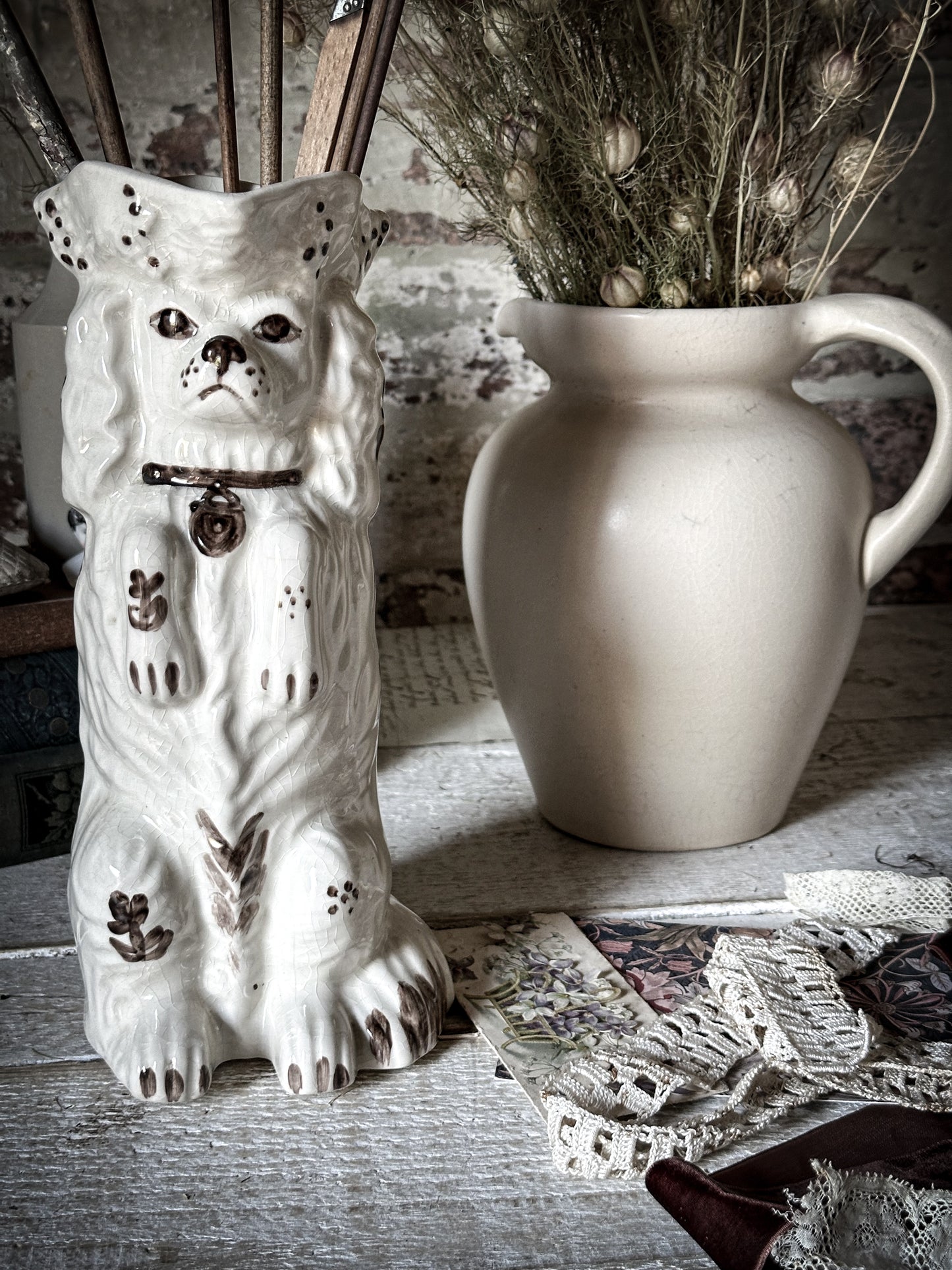 Antique Staffordshire Begging Spaniel in a Tricorn Hat Jug