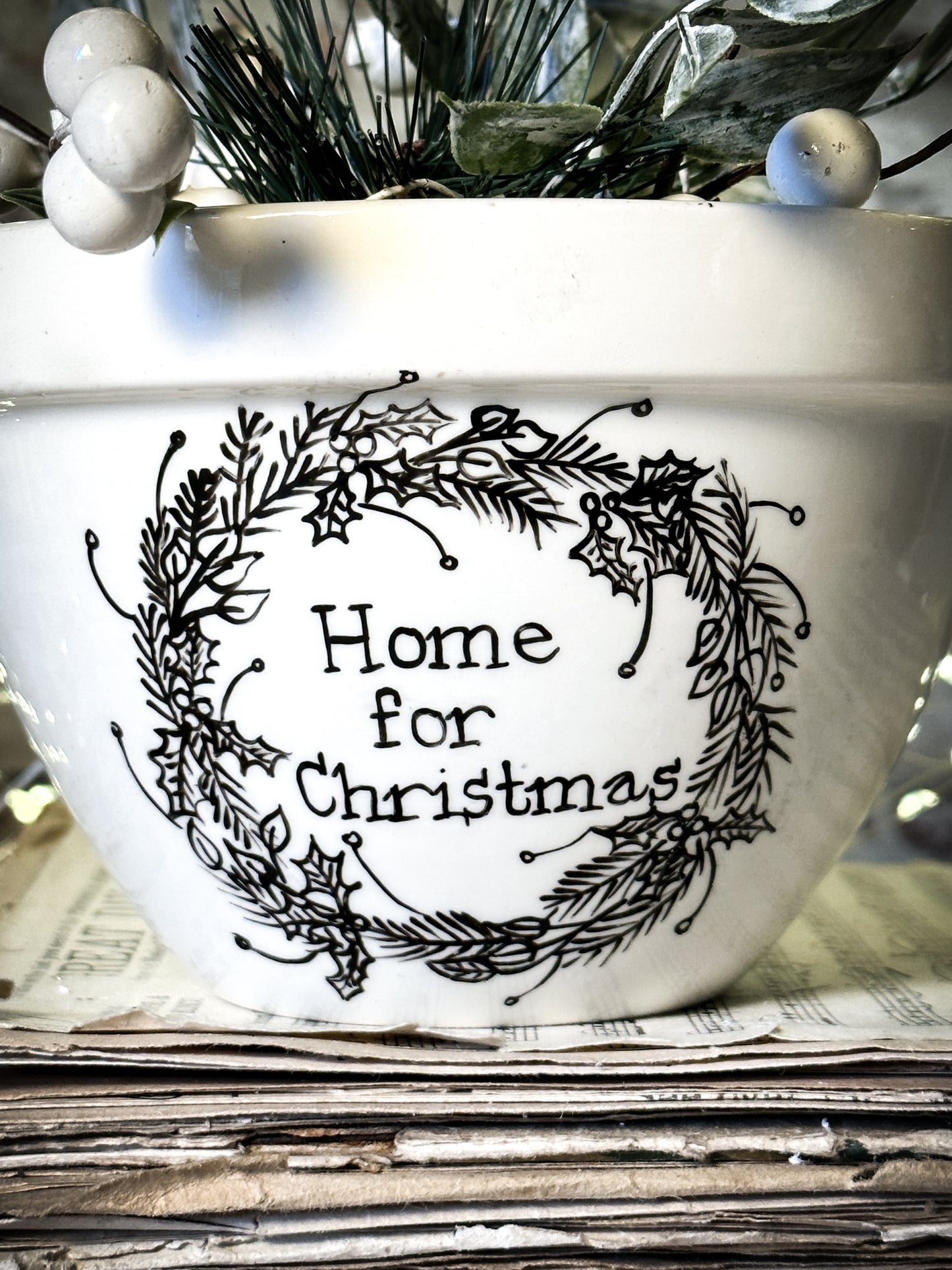 A beautiful vintage Illustrated Ironstone pudding bowl with a hand painted Christmas quote