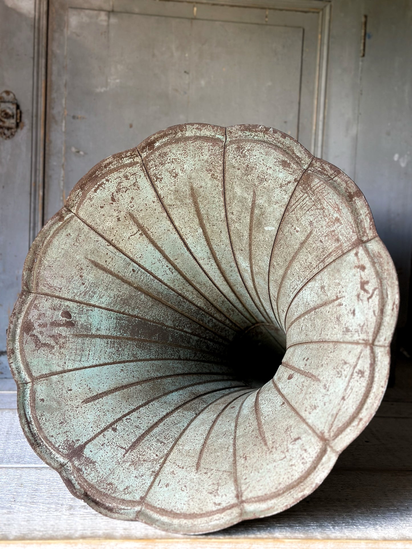 A wonderful antique French tin gramophone funnel and elbow