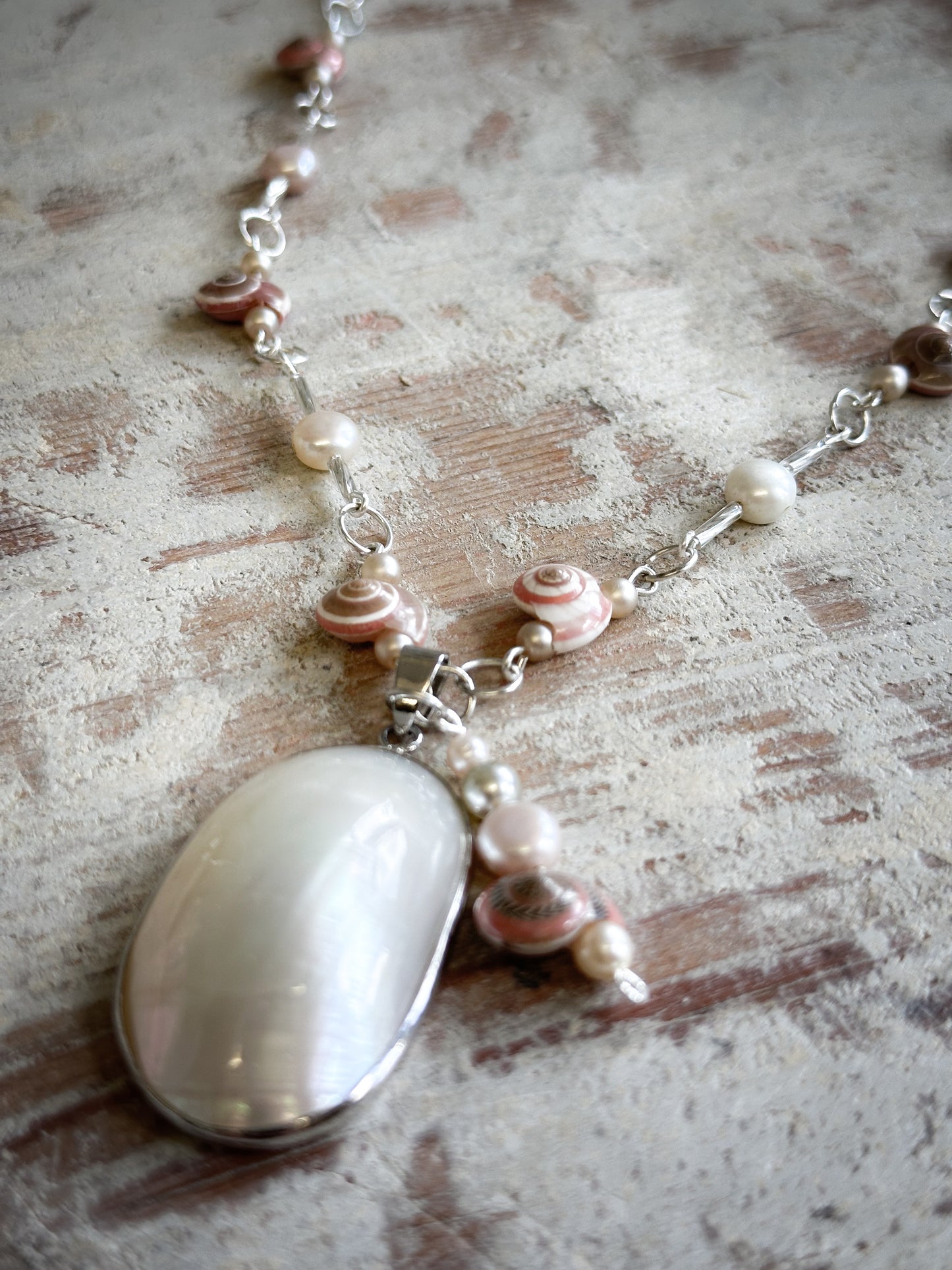 Beautiful Found Object Beaded Shell and Pearl Necklace with a Shell Pendant by Jealous Moon Jewellery