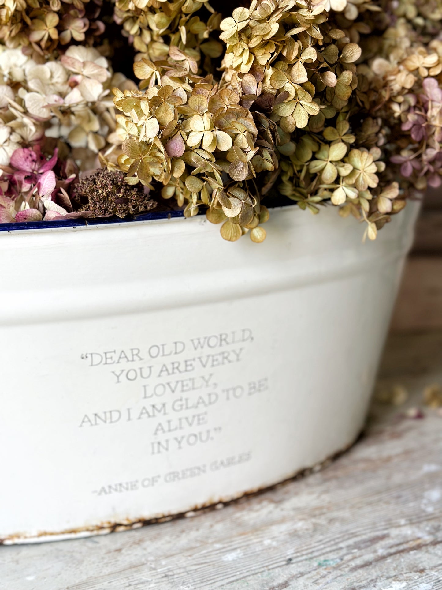 A rustic time worn white enamel oval bath hand painted with a quote.