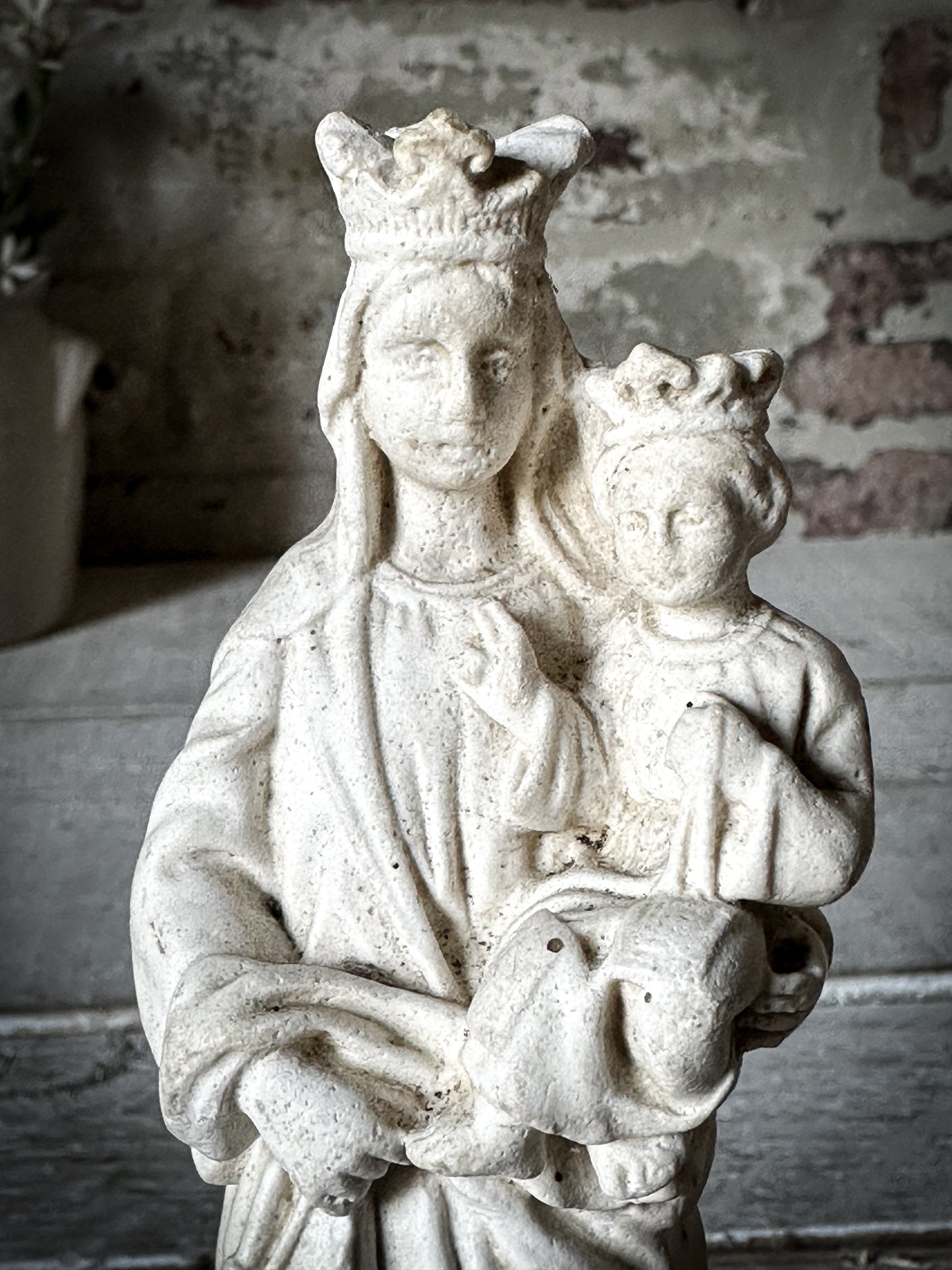 Antique French Chalk Ware Madonna Religious Statue