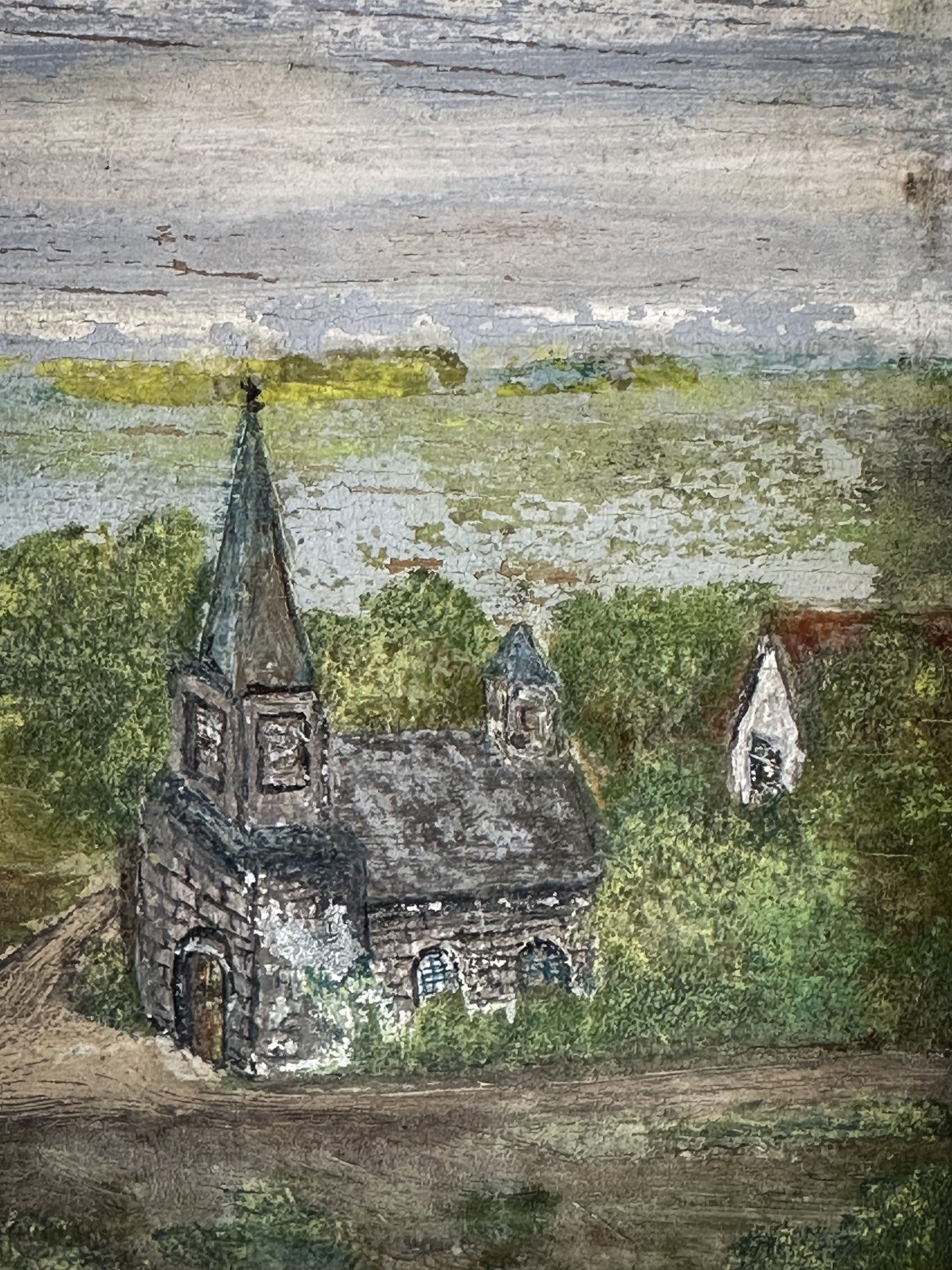 Antique French Naive Oil Painting on Wooden Panel