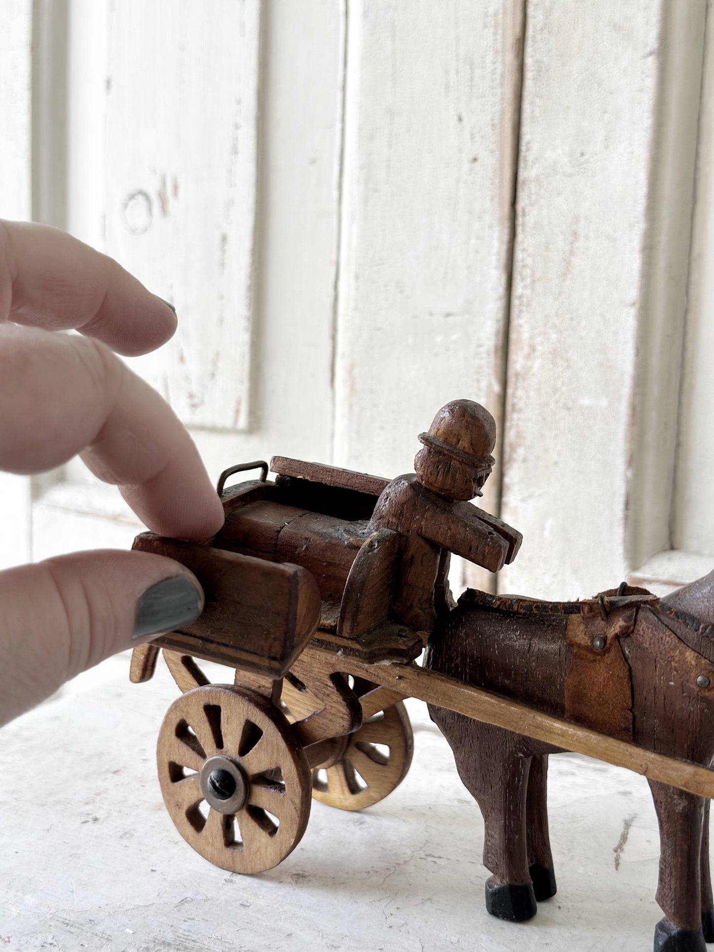 A primitive colonial scratch built wooden horse and cart toy