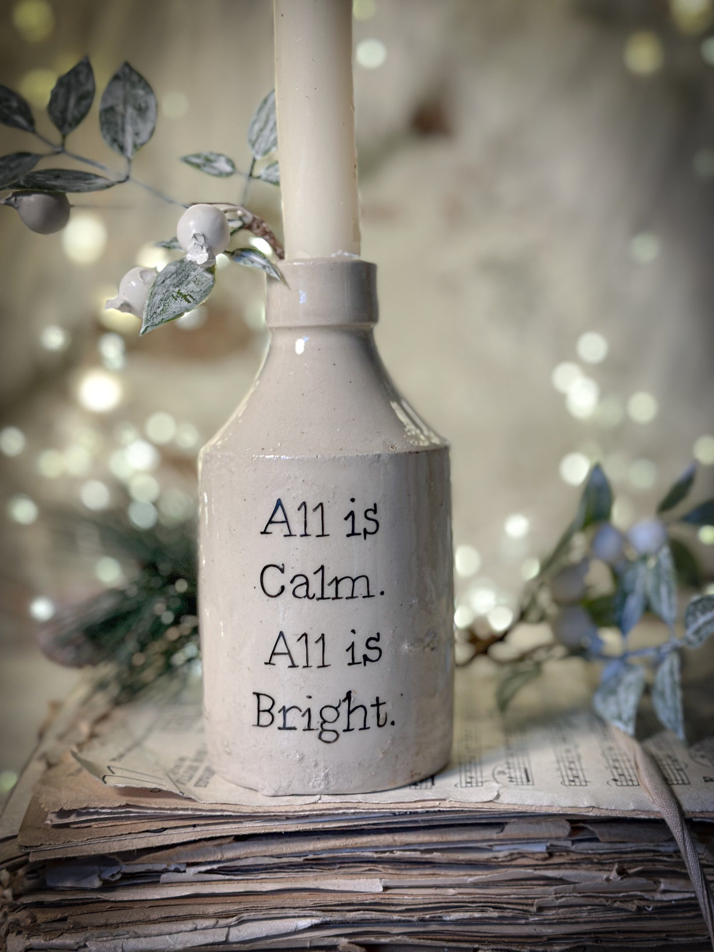 A hand painted vintage Victorian bottle or candle holder