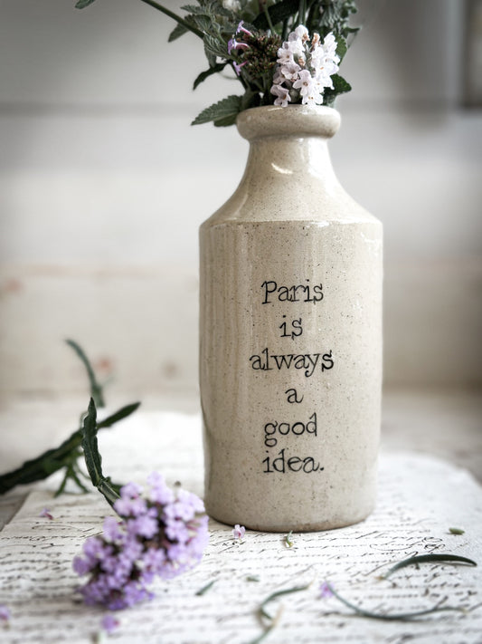 A Victorian unearthed short stoneware pottery bottle with a hand painted quote