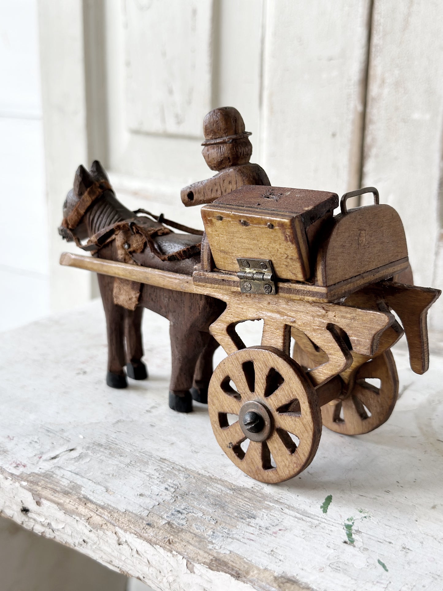 A primitive colonial scratch built wooden horse and cart toy