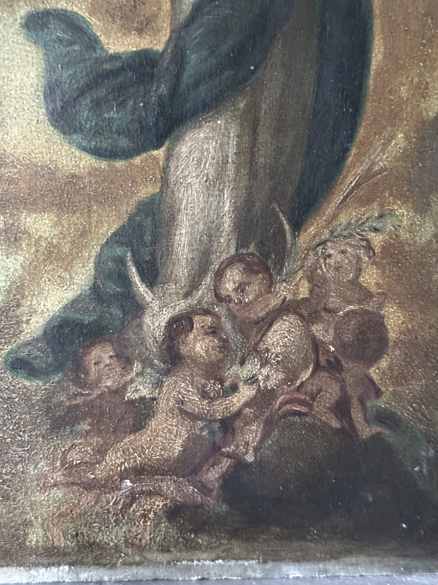 Antique oil on wood panel religious painting of Mary with cherubs at her feet