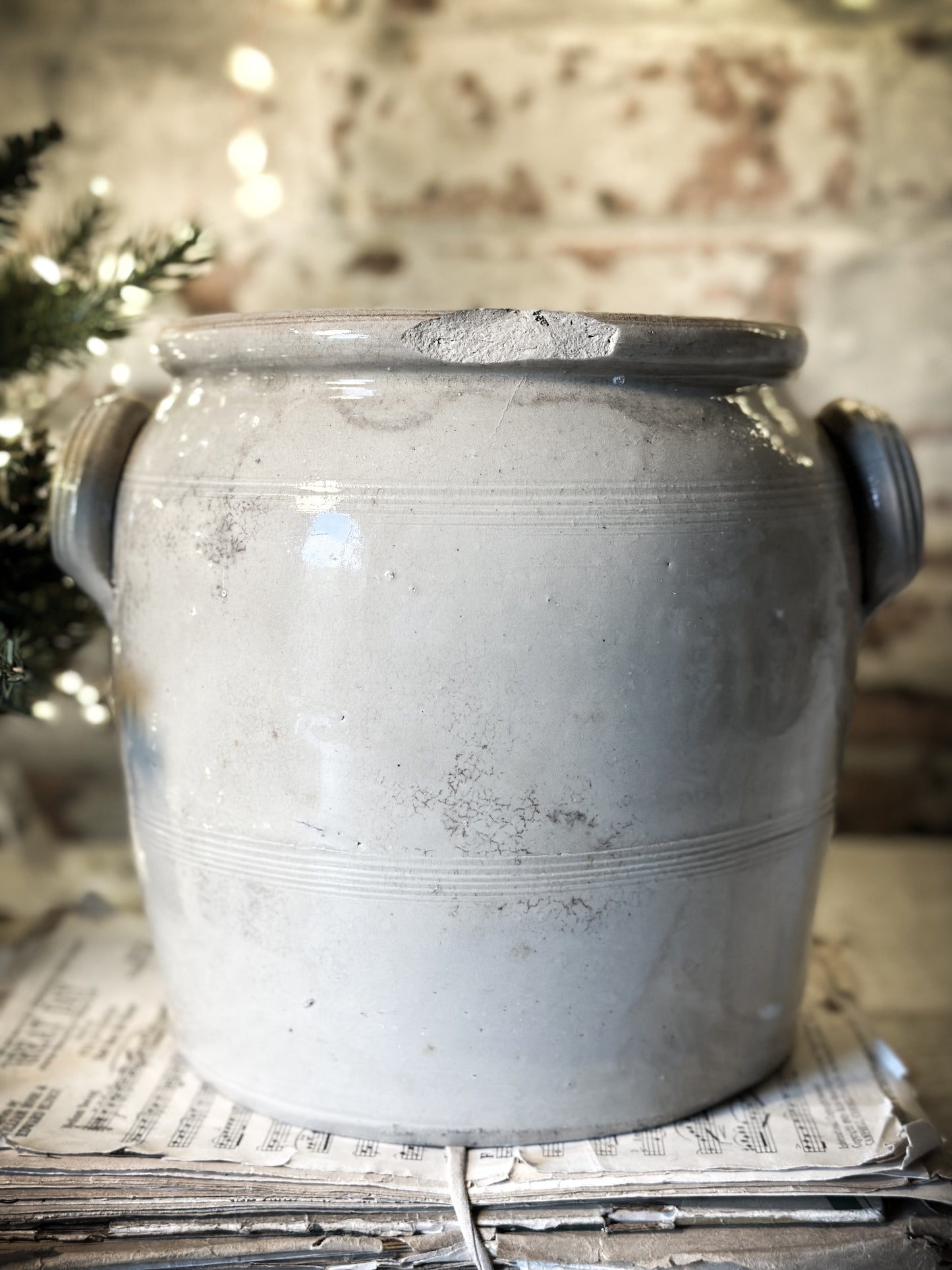A lovely antique French stoneware confit pot with a hand painted Christmas quote