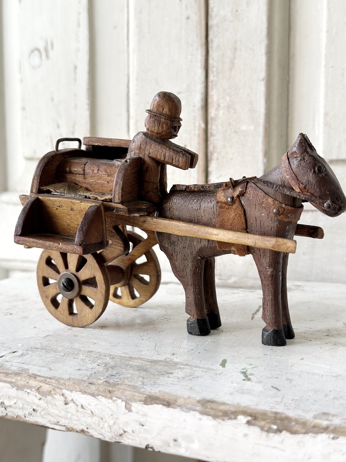 A primitive colonial scratch built wooden horse and cart toy