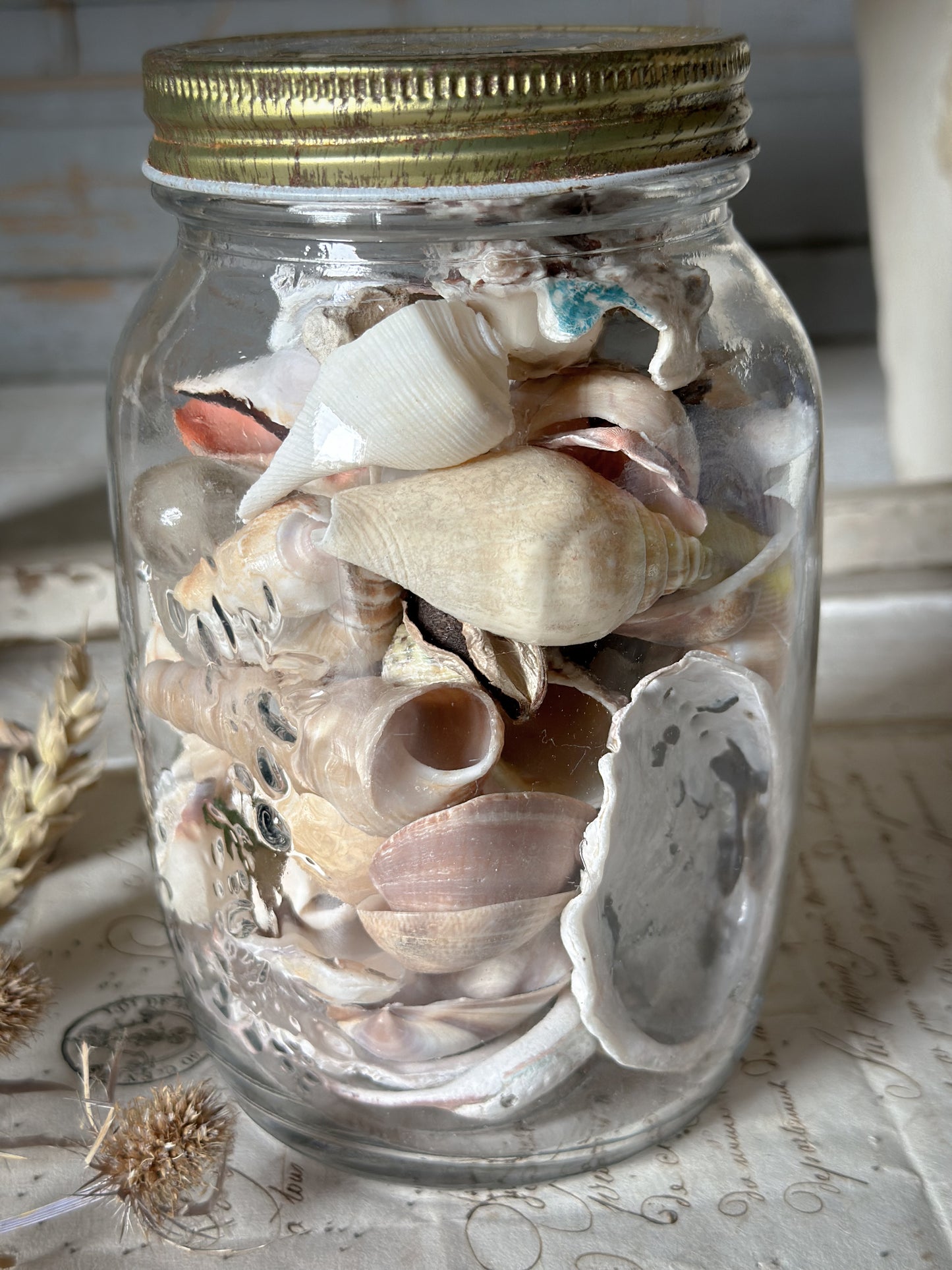A vintage preserve bottle full of seashells