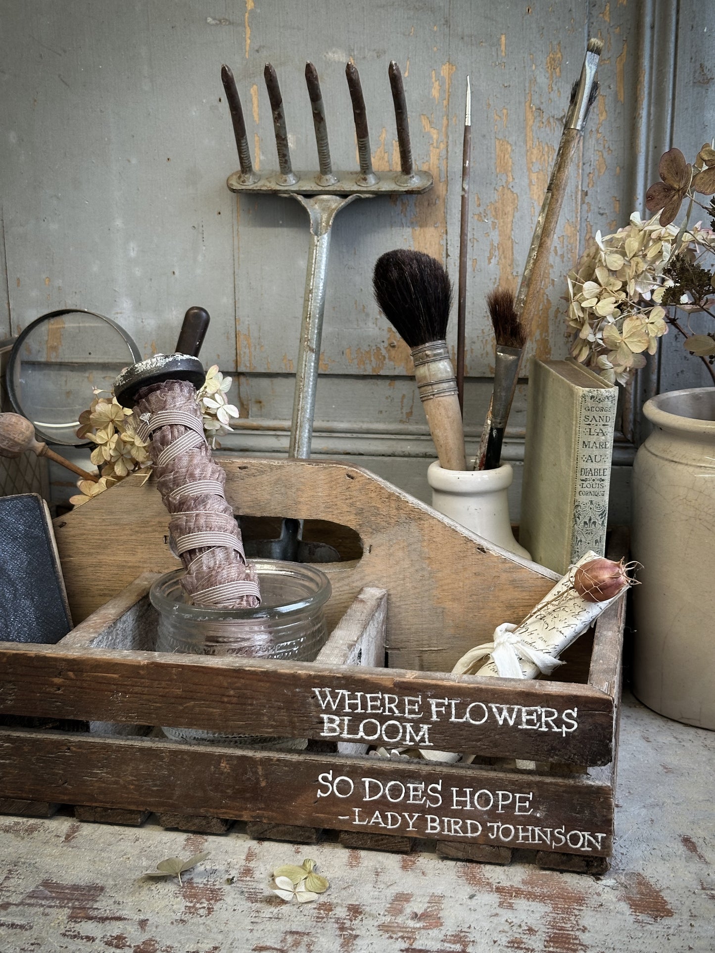A Vintage Wooden Garden Trug With Hand Painted Quote