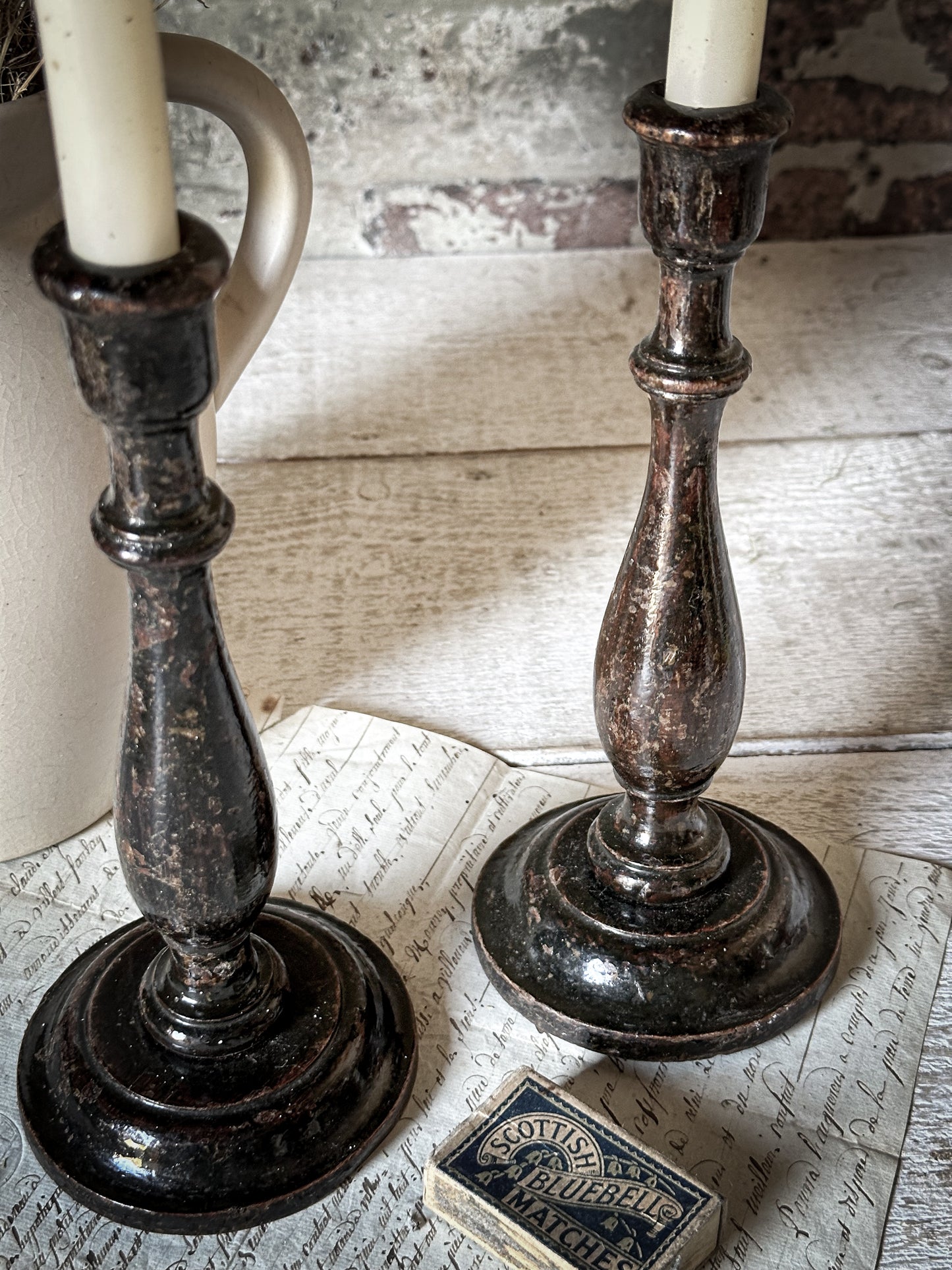 A Pair of Antique Hand Turned Ebonised Candlestick Holders