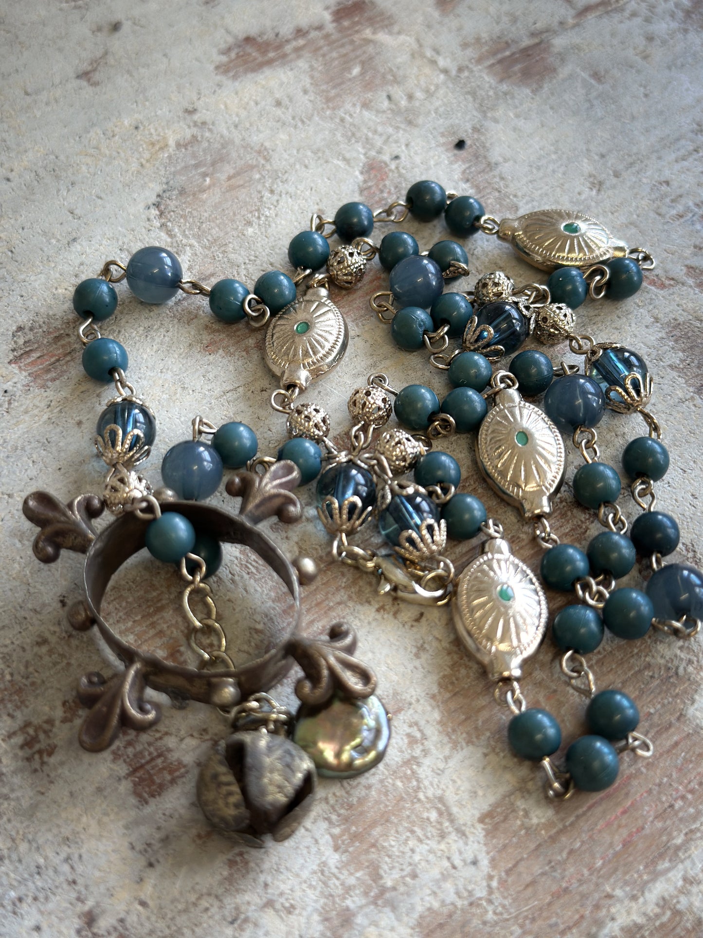 Found Object Vintage Beaded Necklace with Antique Brass Crown by Jealous Moon Jewellery