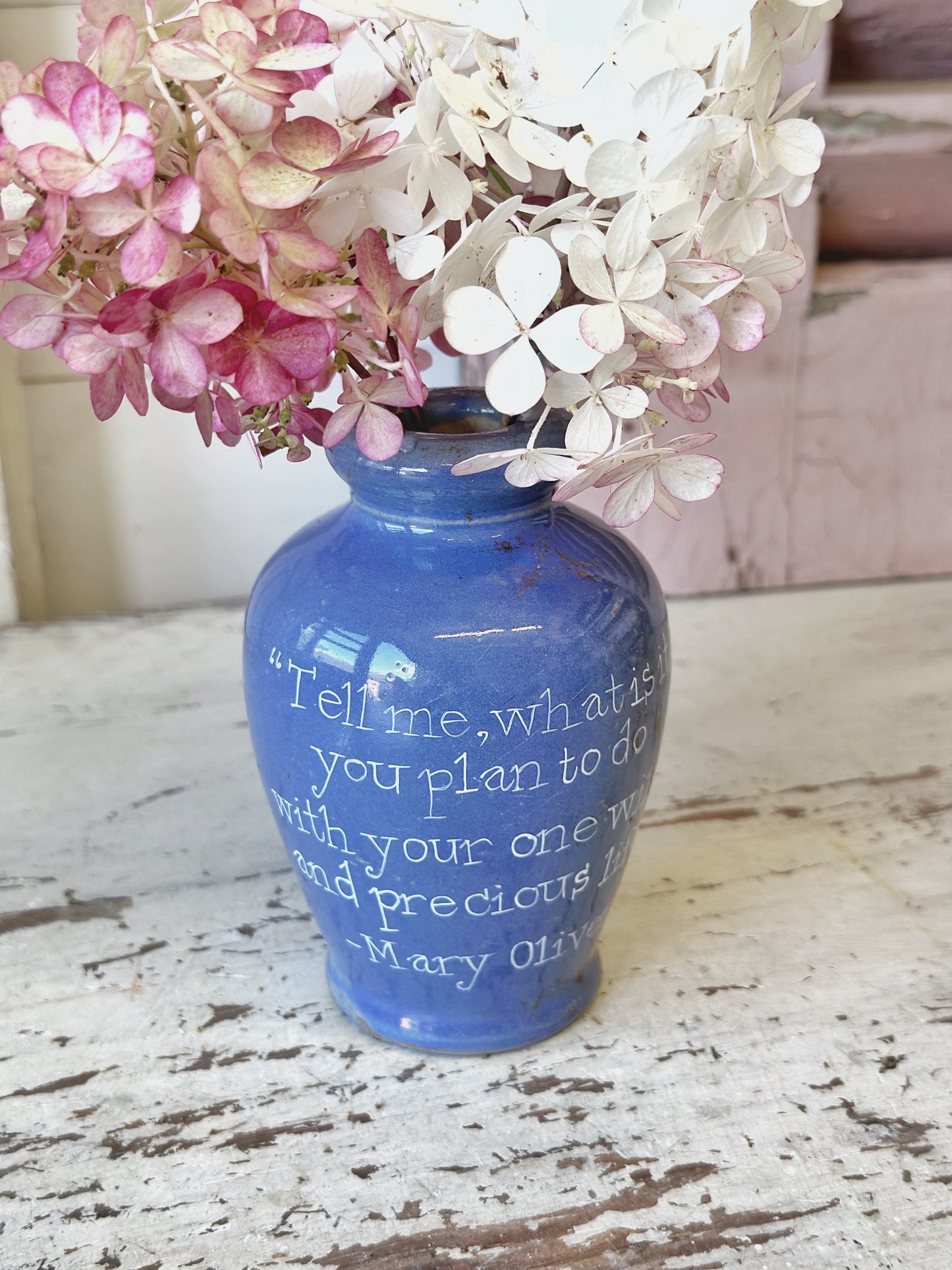 Victorian unearthed stoneware pottery Ronuk polish bottle with a hand painted quote