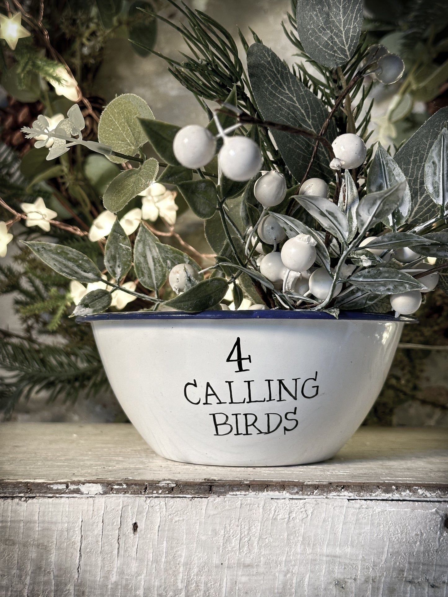 A beautiful vintage enamel pudding bowl with a hand painted quote from the Twelve days of Christmas