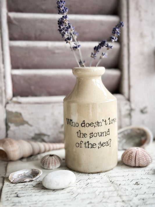 A Victorian unearthed stoneware pottery bottle with a hand painted quote