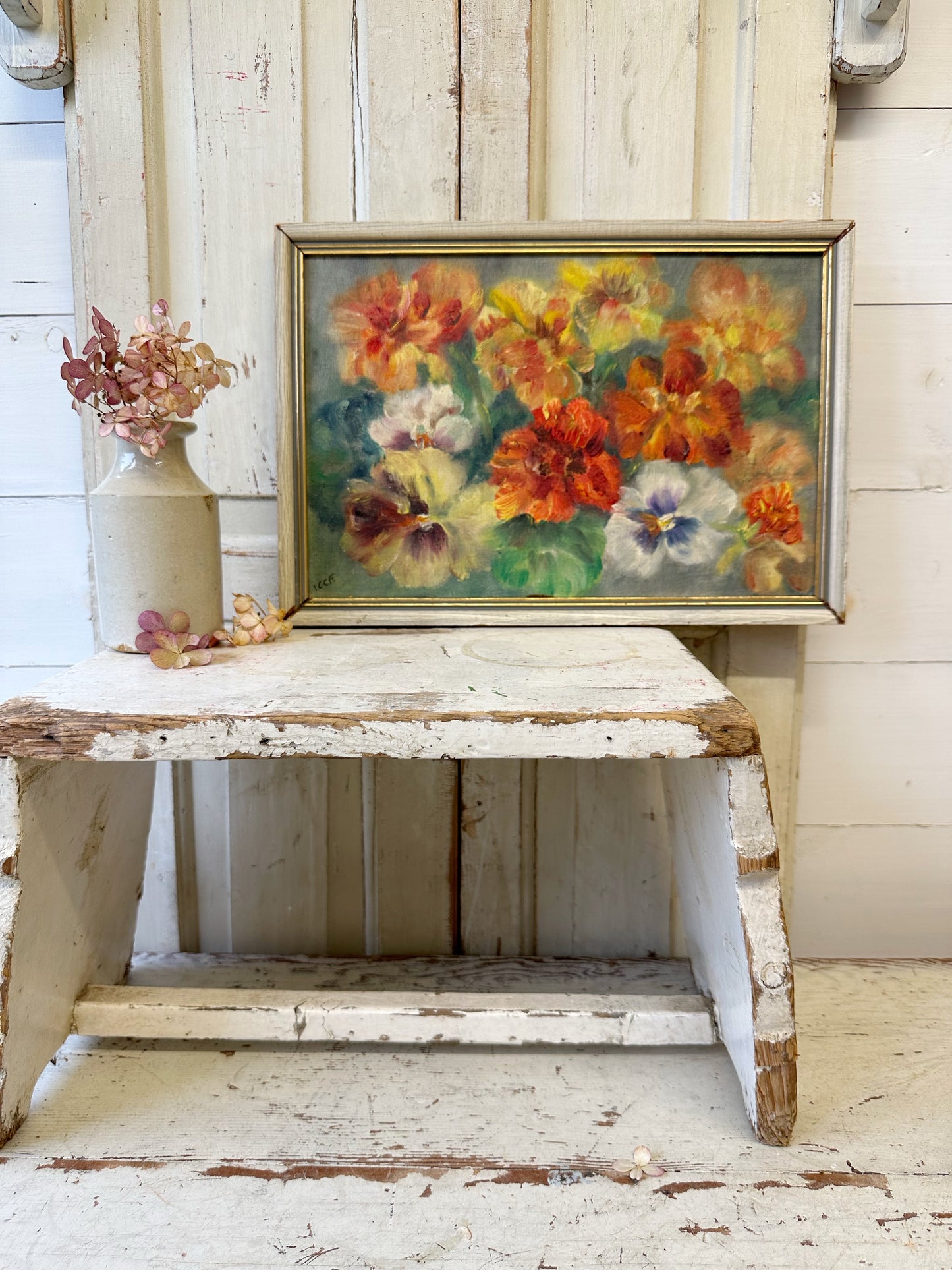 Vintage Still Life Flowers Pansies Oil On Board Signed ICCF
