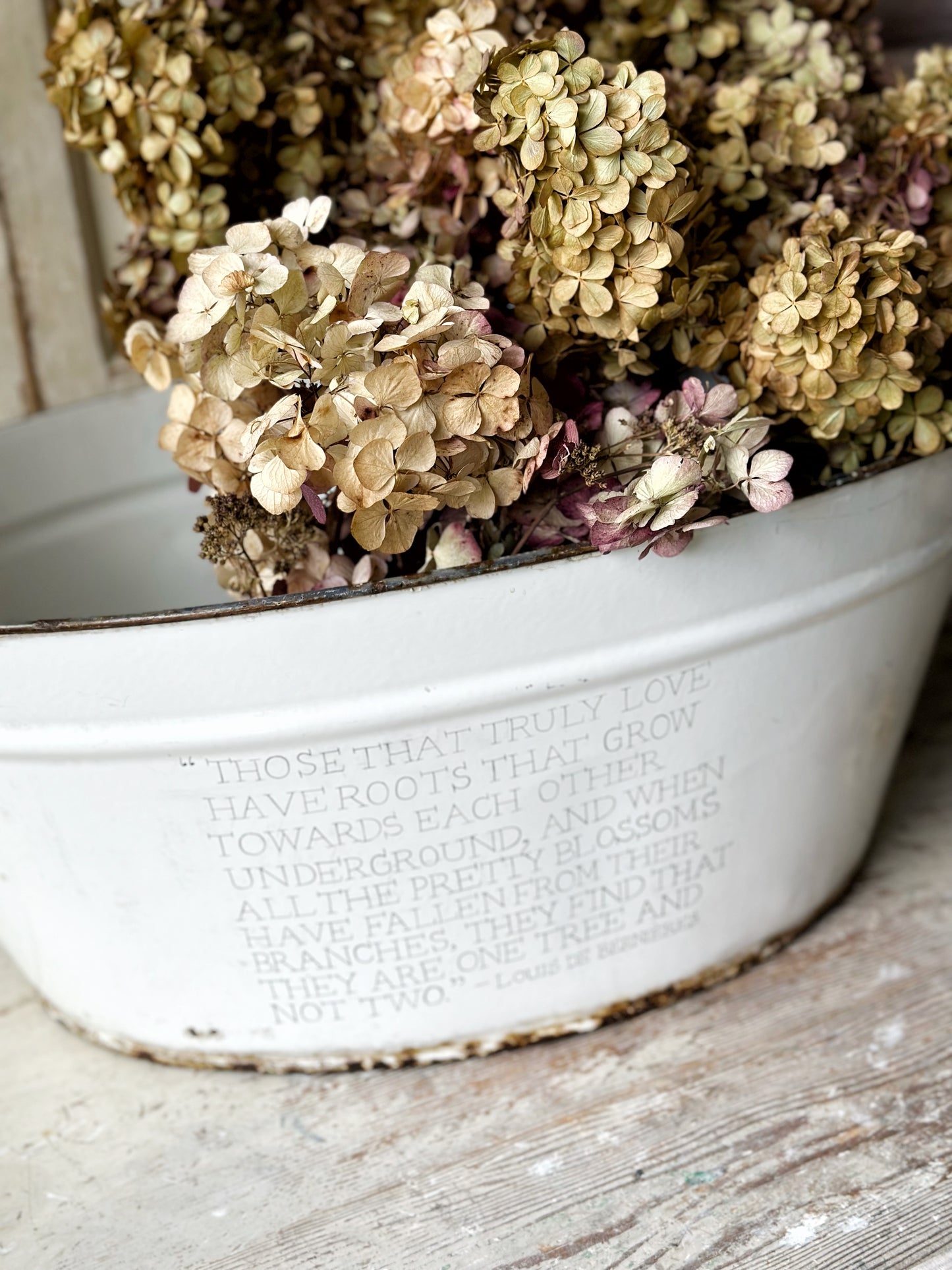 A rustic time worn white enamel oval bath hand painted with a quote.