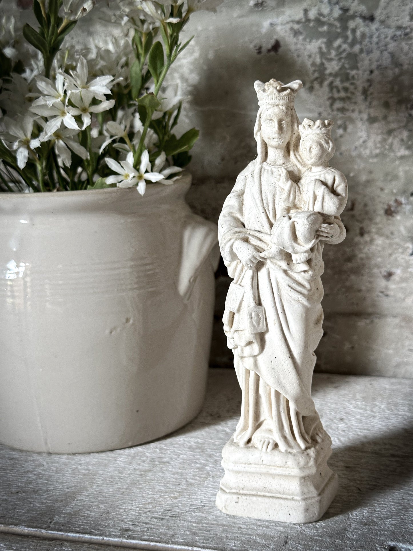 Antique French Chalk Ware Madonna Religious Statue