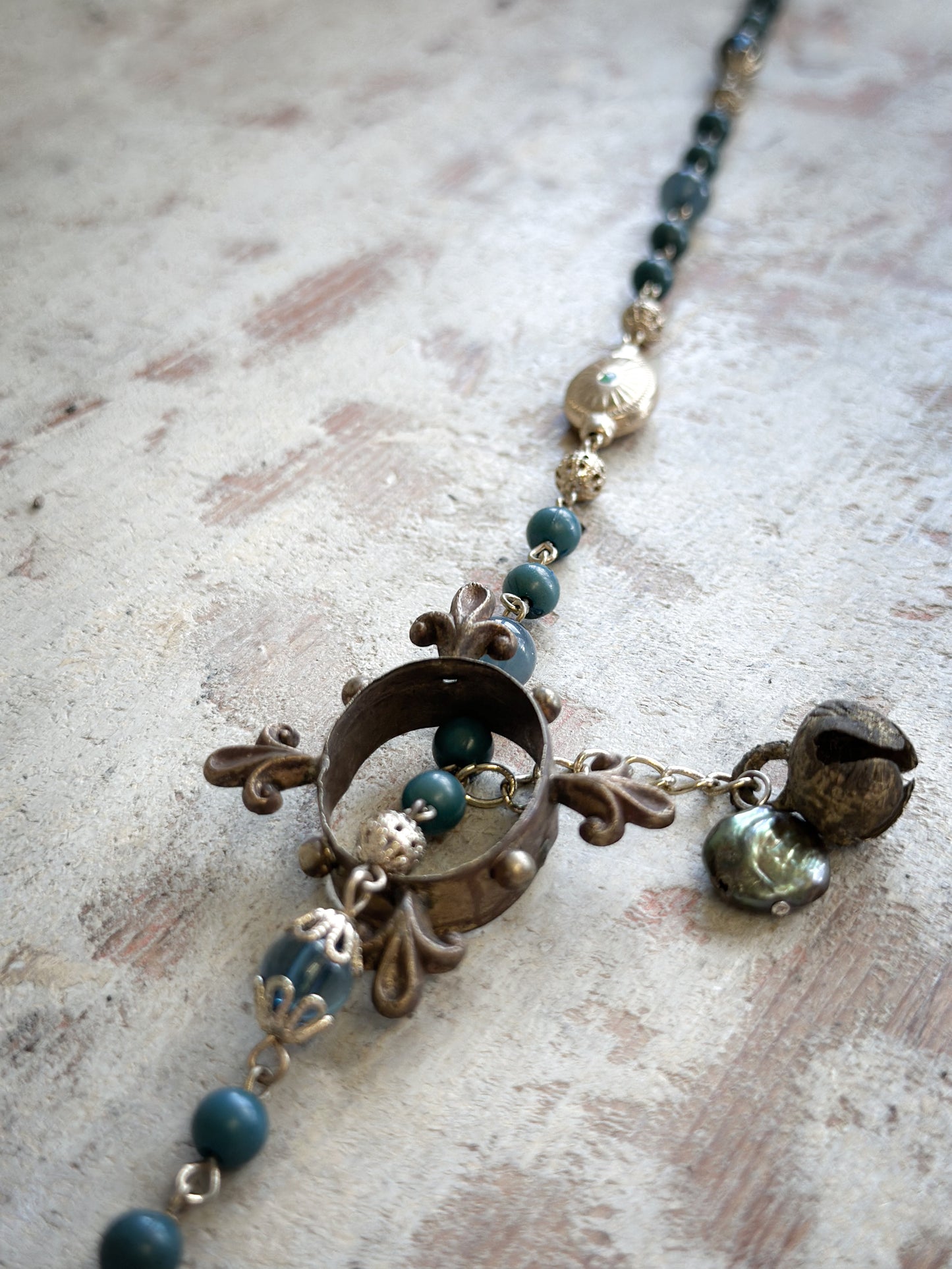 Found Object Vintage Beaded Necklace with Antique Brass Crown by Jealous Moon Jewellery
