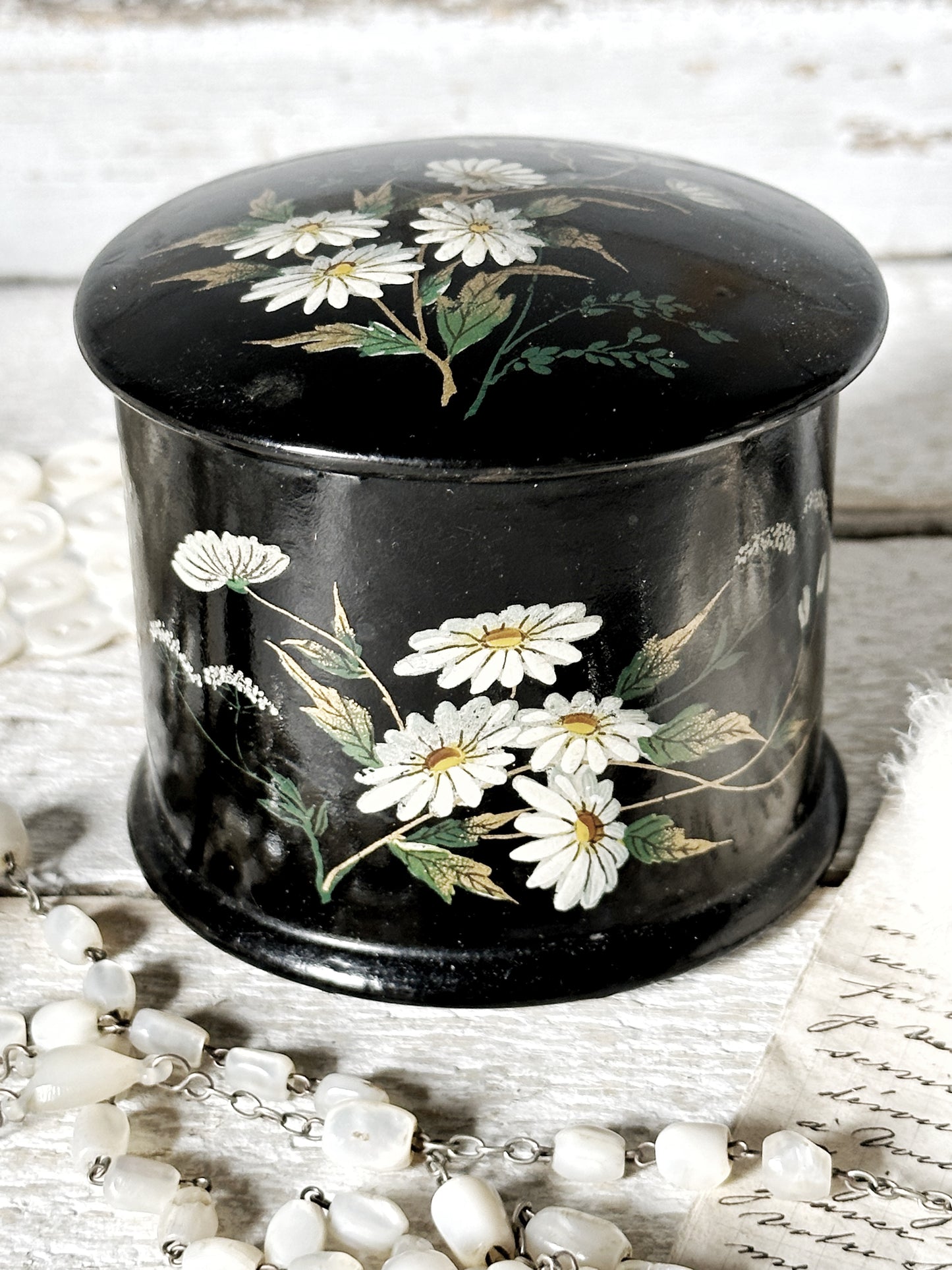 Antique Papier Mache Lacquer Black Handpainted Floral Powder Box Puff Vanity Pot